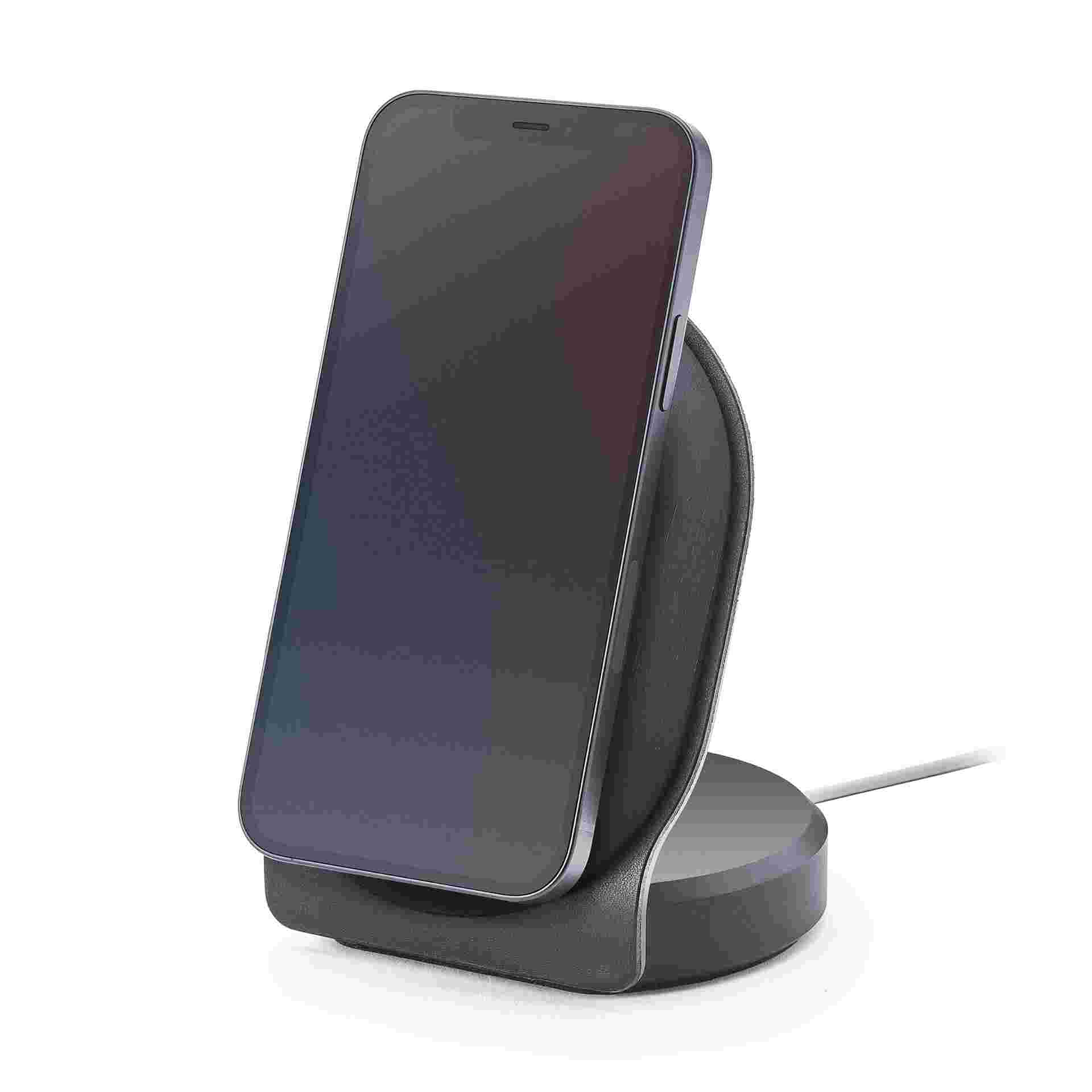 Blackened walnut and black leather MagSafe Dock for iPhone 12.