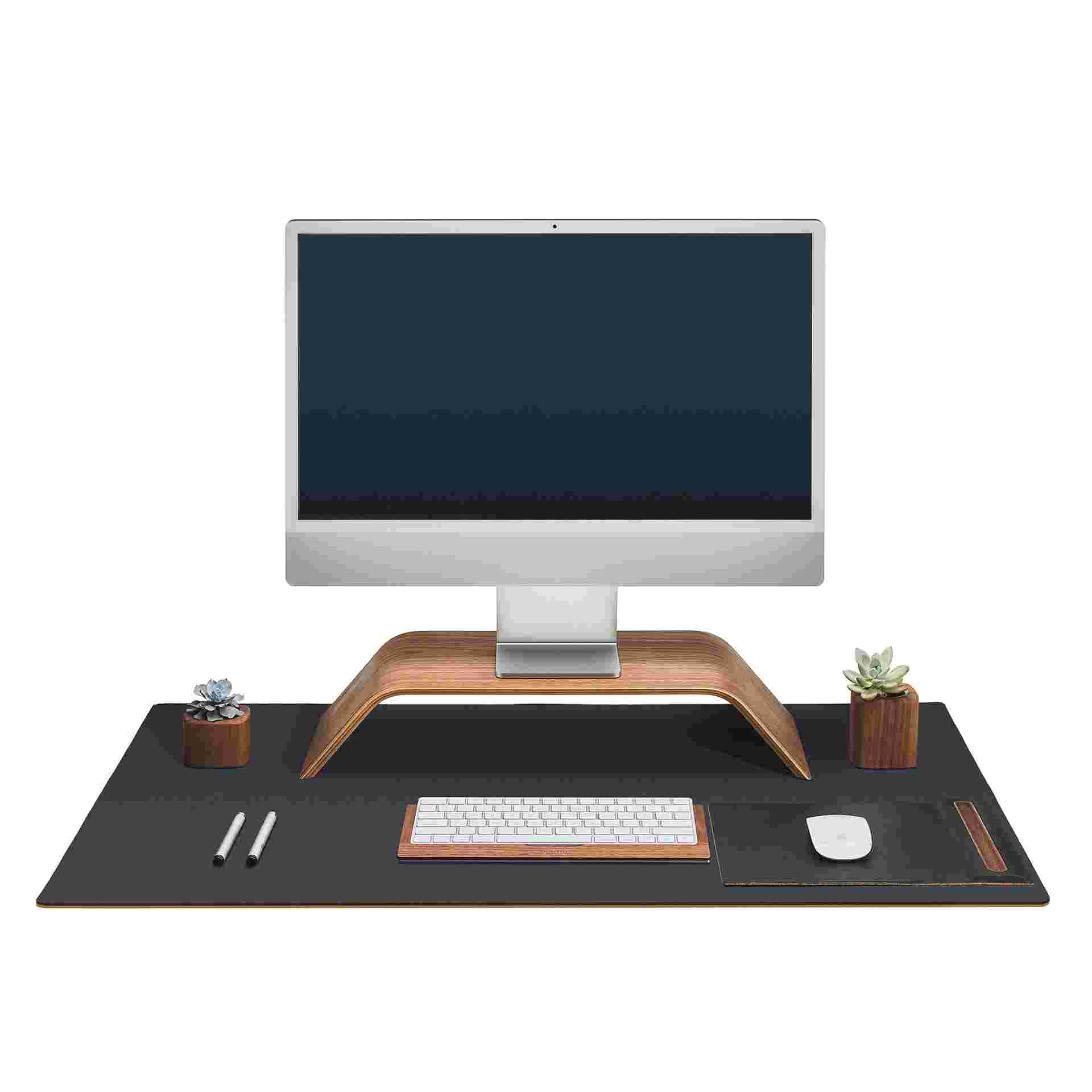 Large matte black desk pad designed for use with the Grovemade iMac monitor stand.
