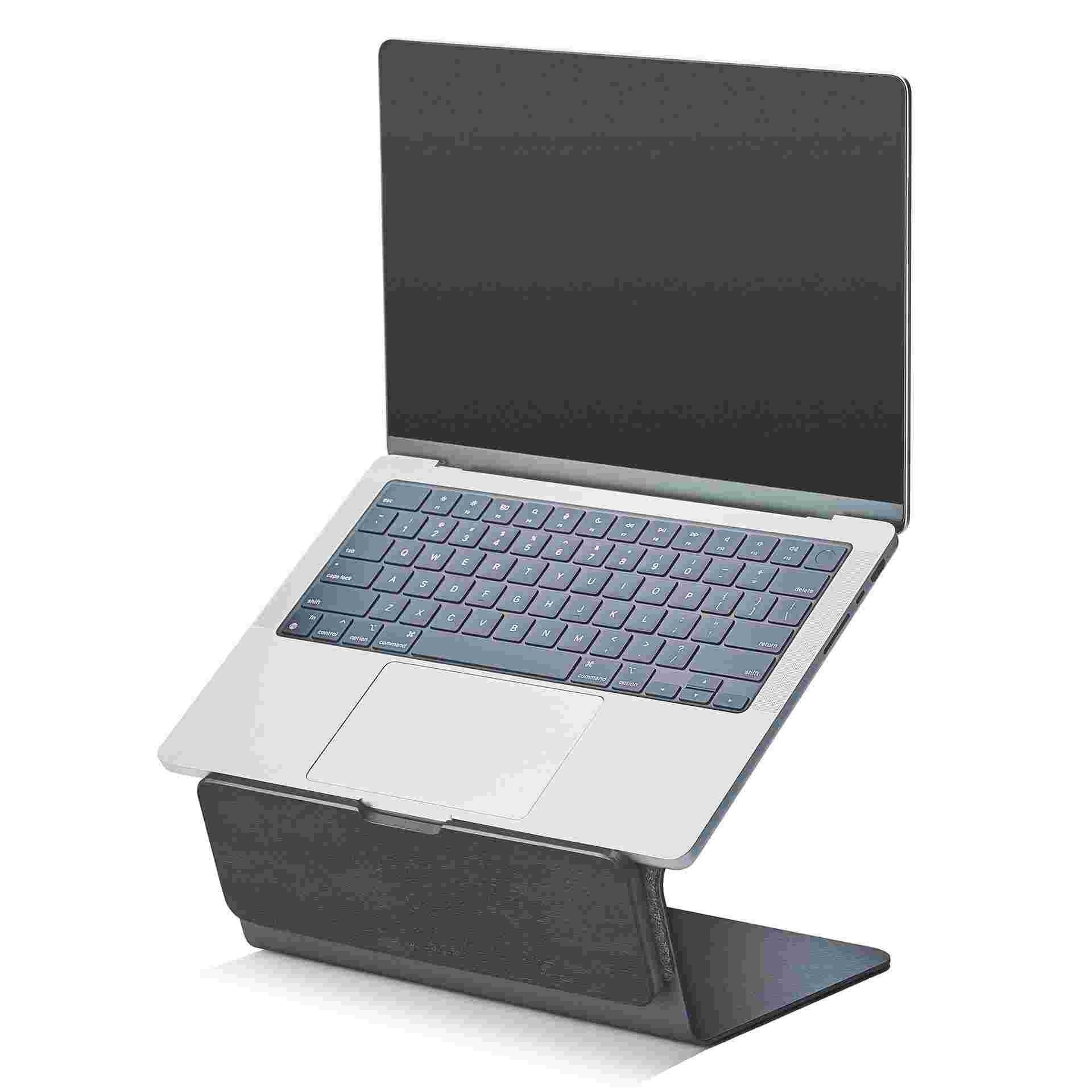 Blackened walnut laptop riser for MacBook.