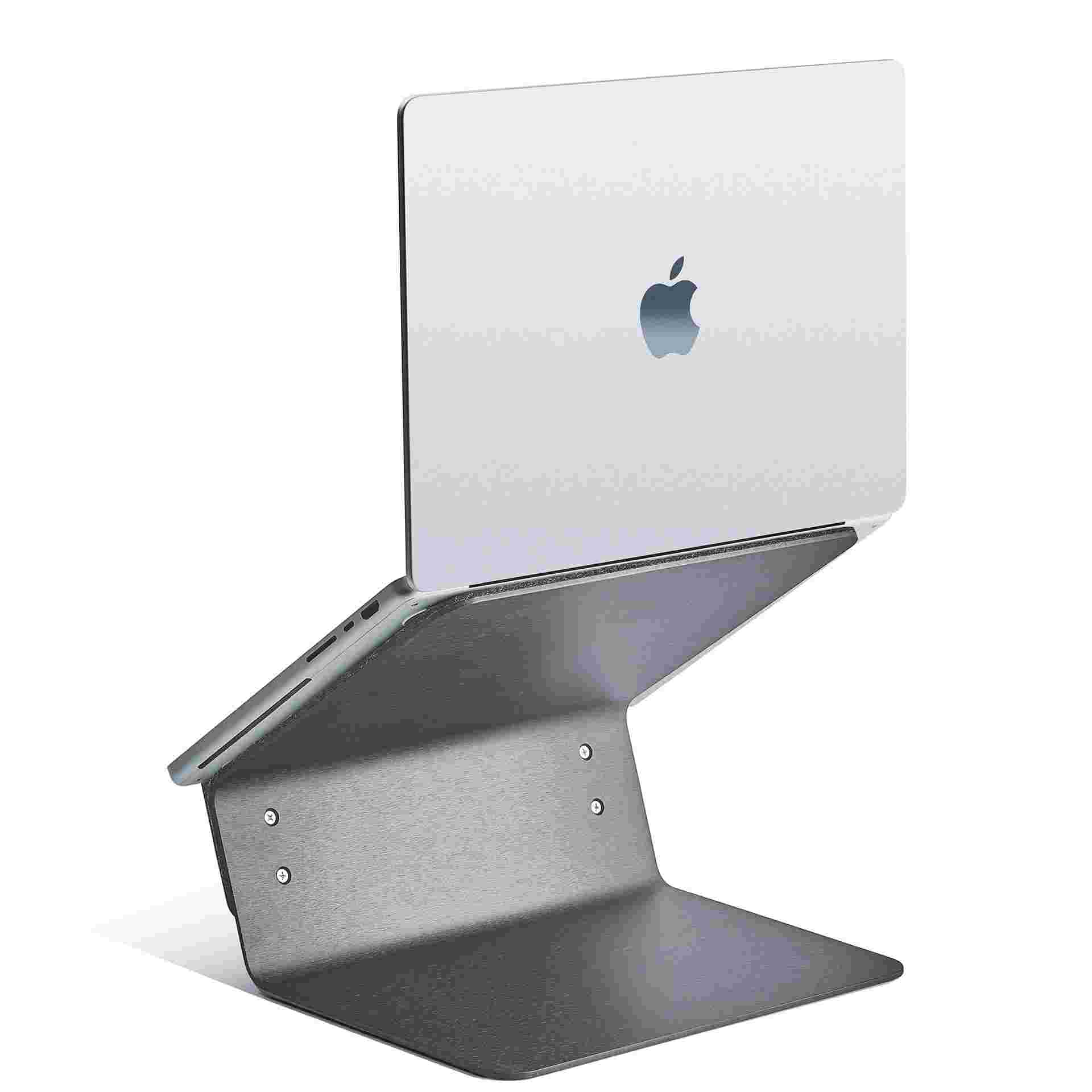 Blackened walnut laptop stand with dark wool felt lining.