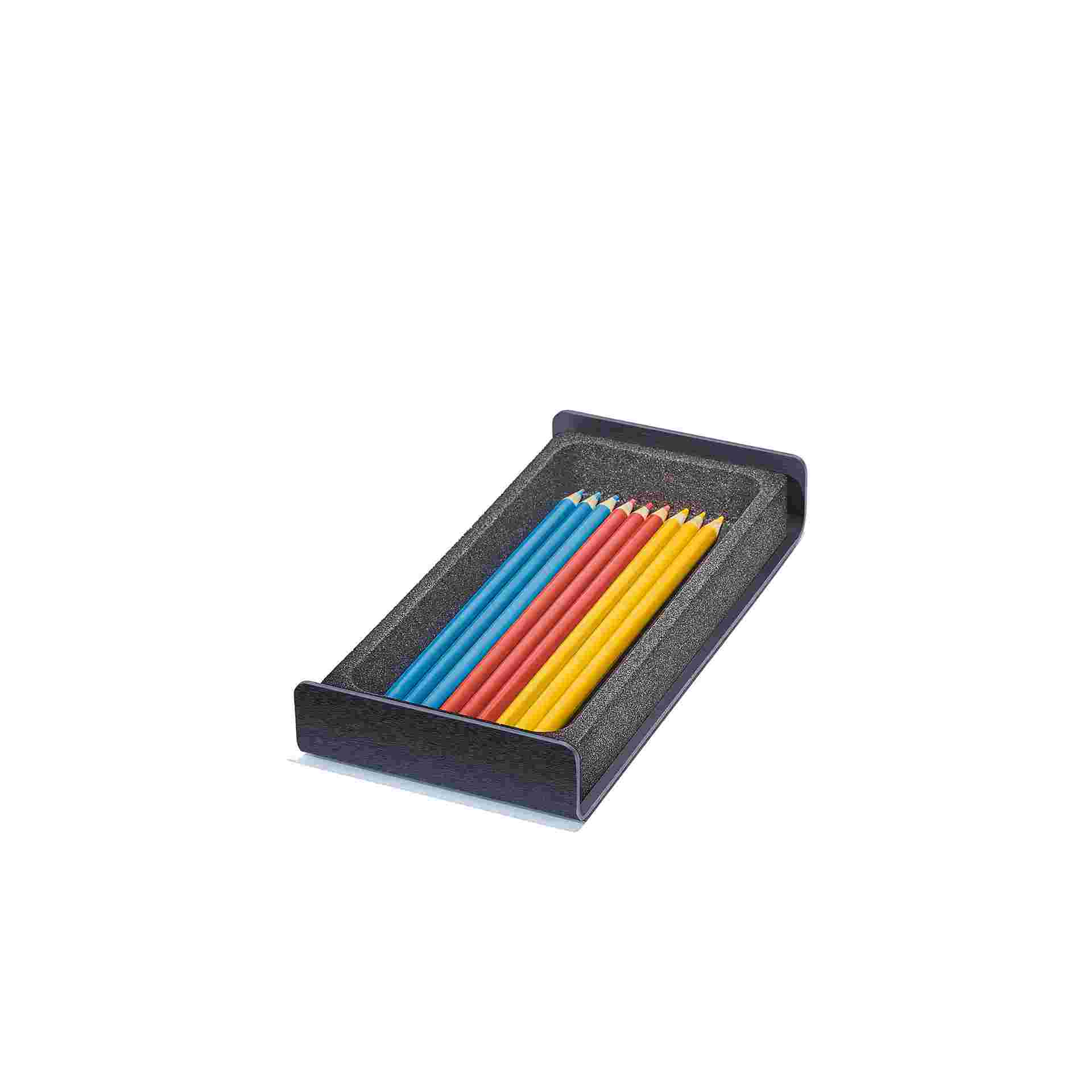 Small all-black cork desk tray holding colored pencils.