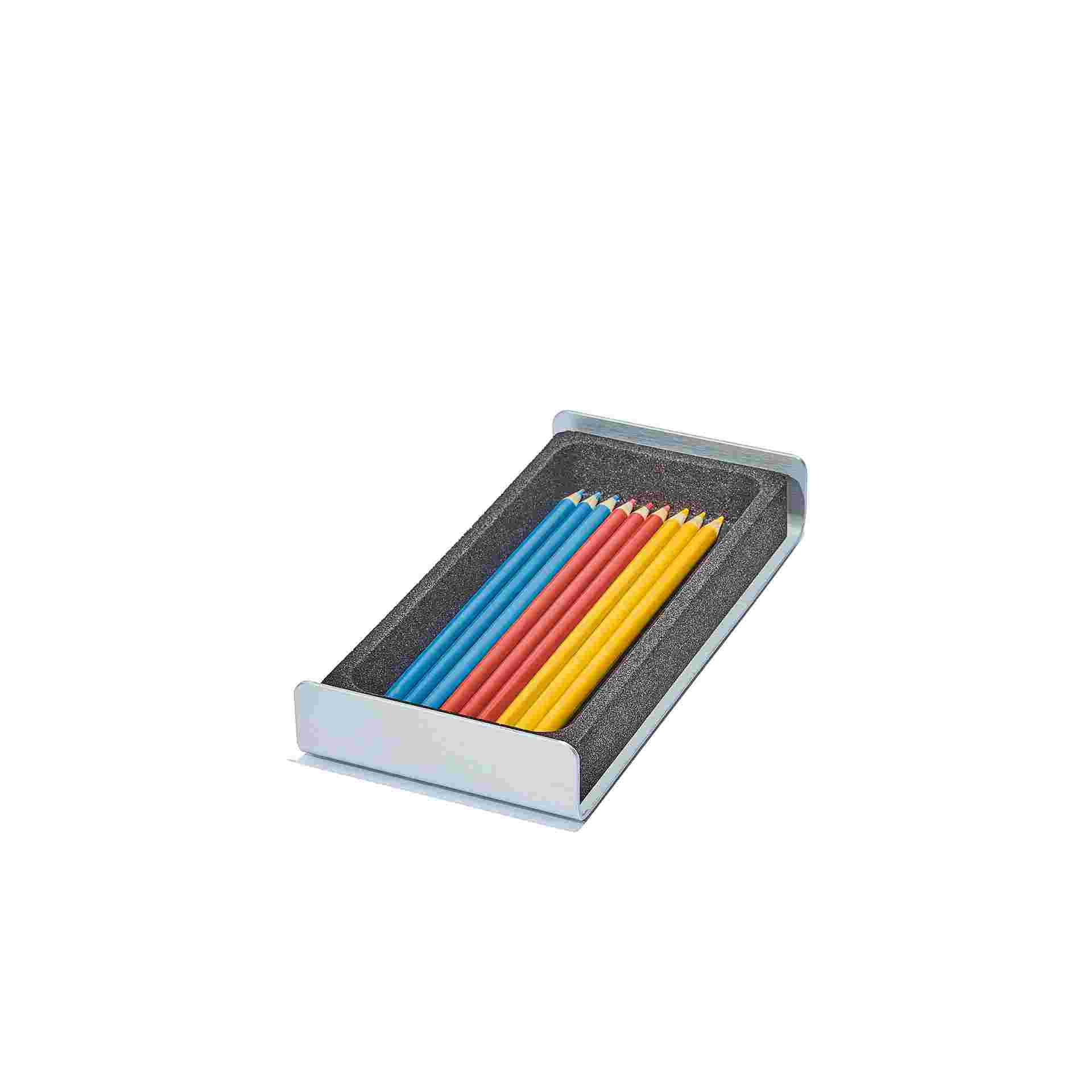 Small black cork desk tray holding colored pencils.