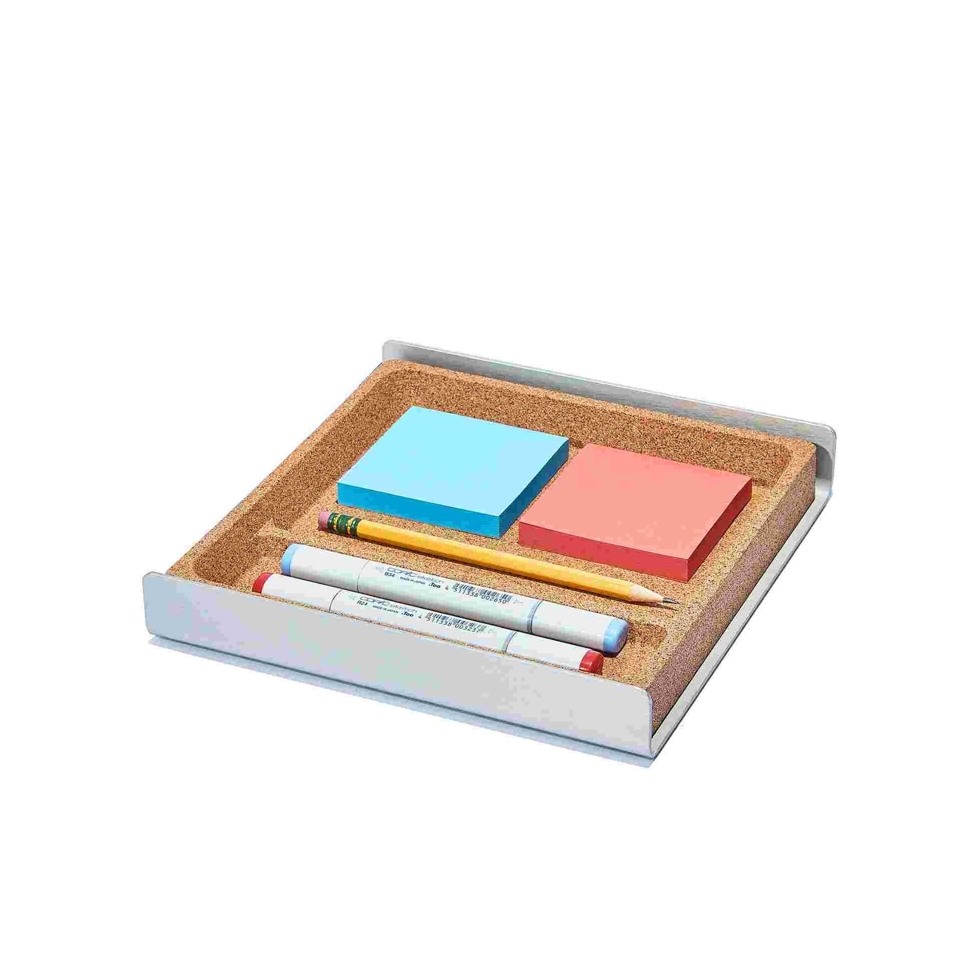 Medium natural cork desk tray holding tools and sticky notes.