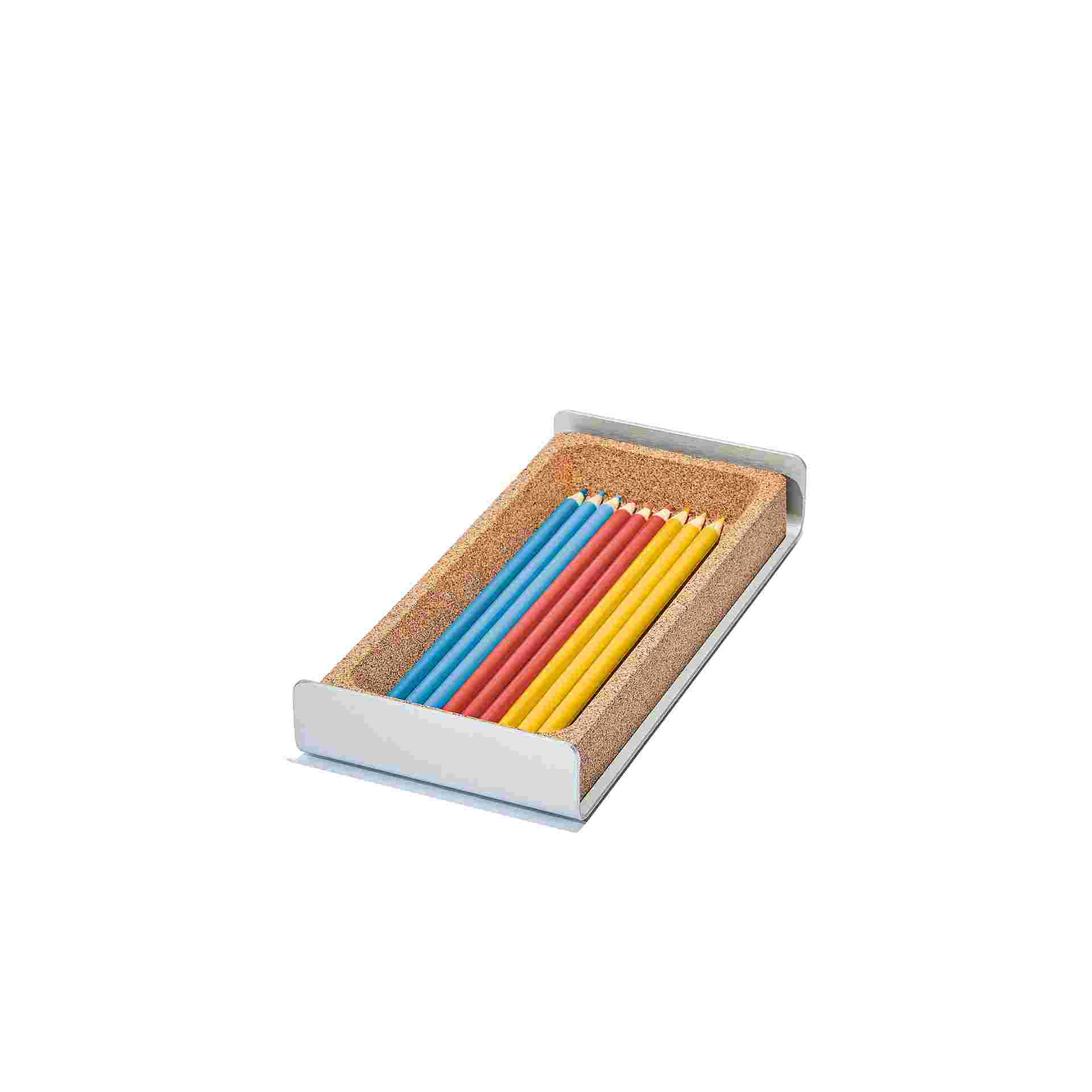 Small natural cork desk tray holding colored pencils.