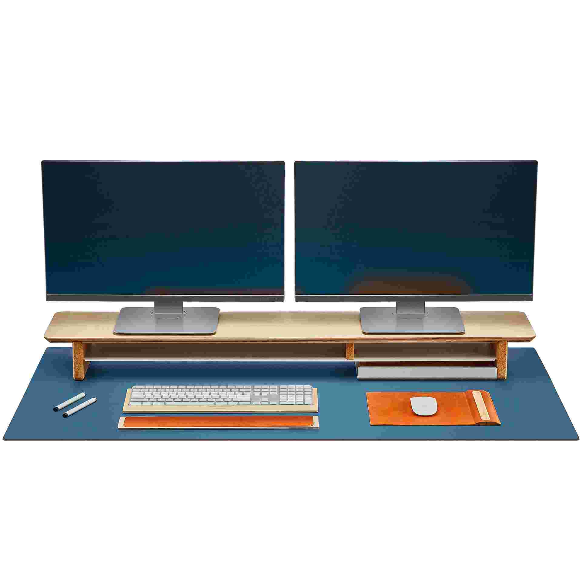 Extra large navy blue desk pad designed for use with the Grovemade desk shelf.