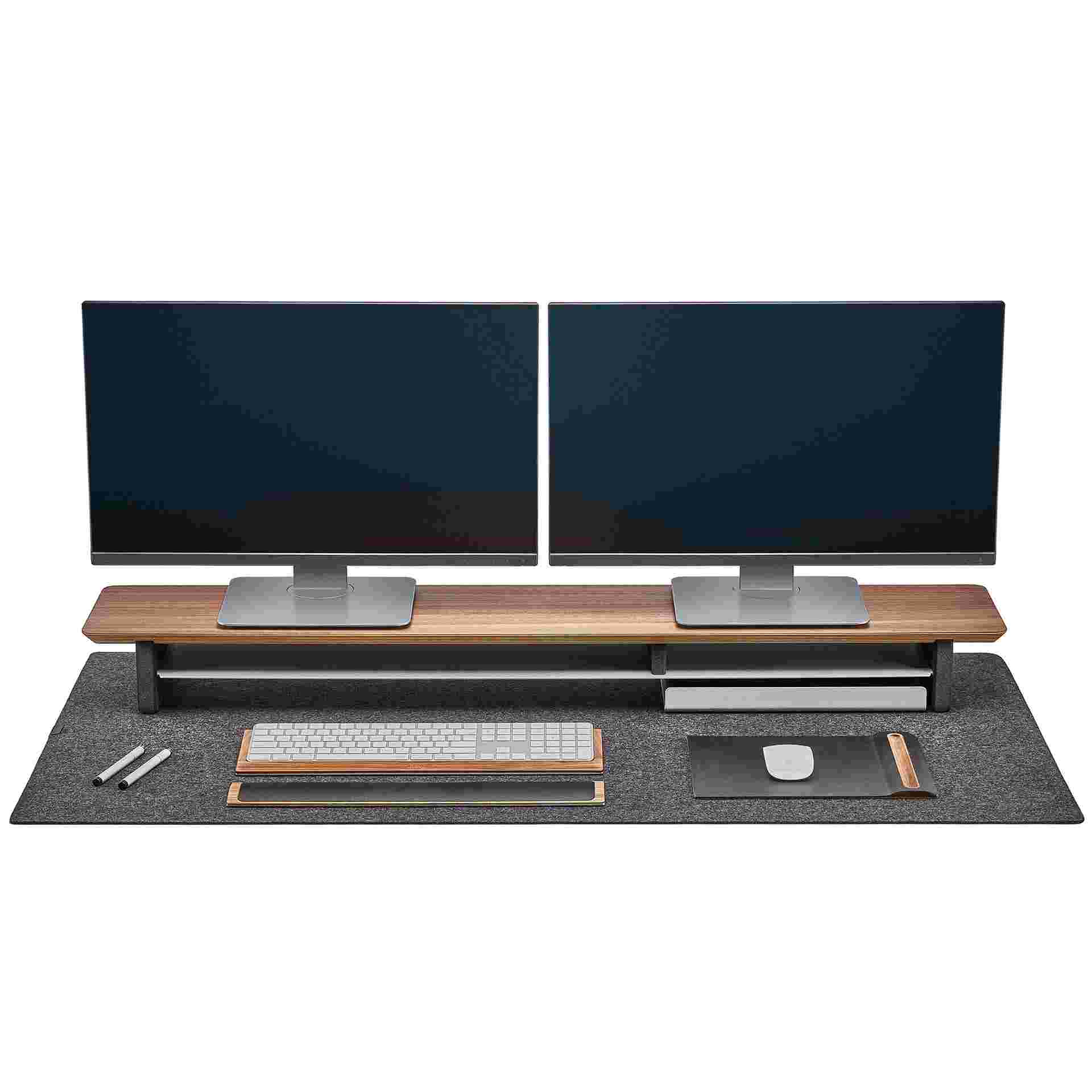 The XL Wool Felt Desk Pad in dark grey with the Walnut Desk Shelf System.