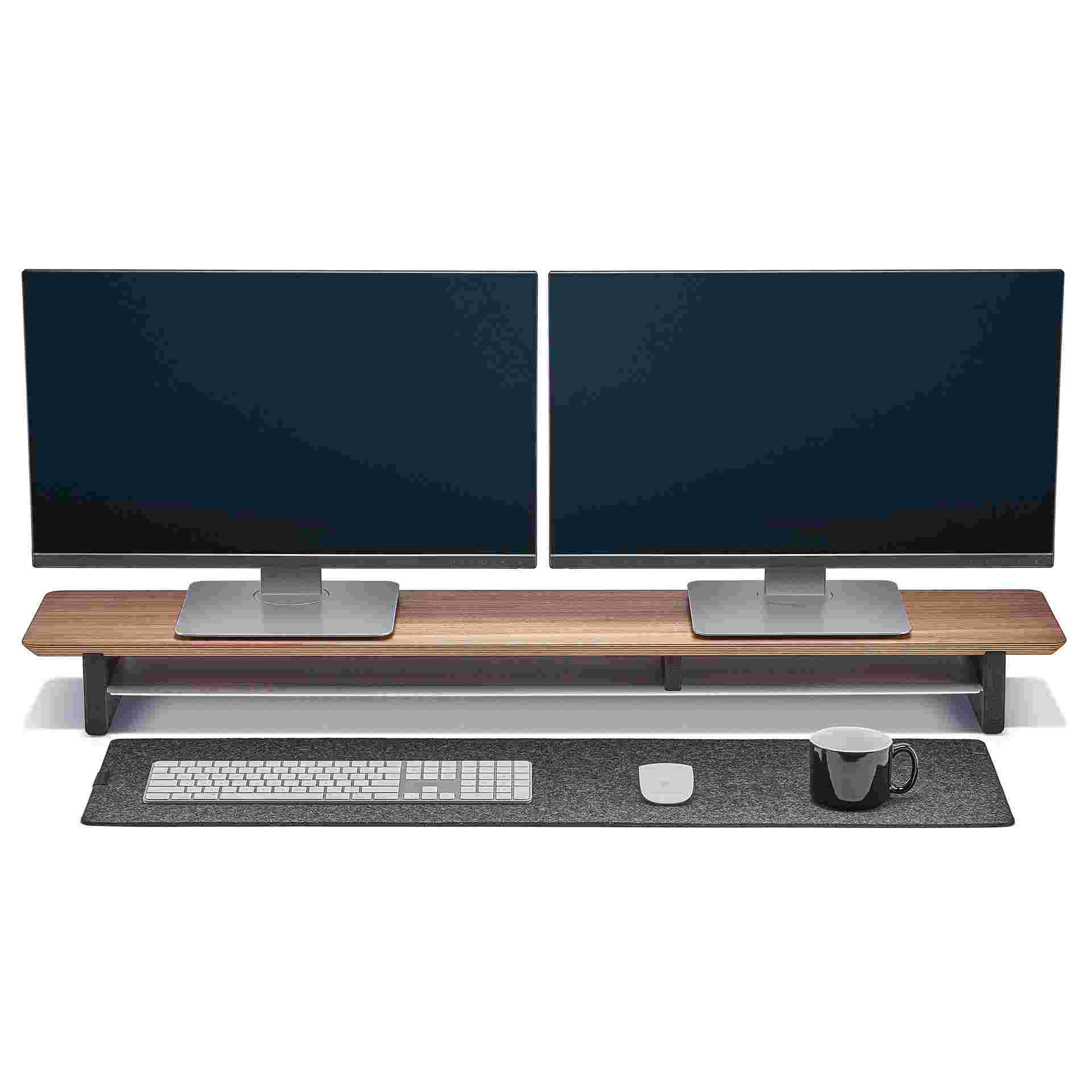 The Medium Wool Felt Desk Pad in dark grey with the Walnut Desk Shelf.