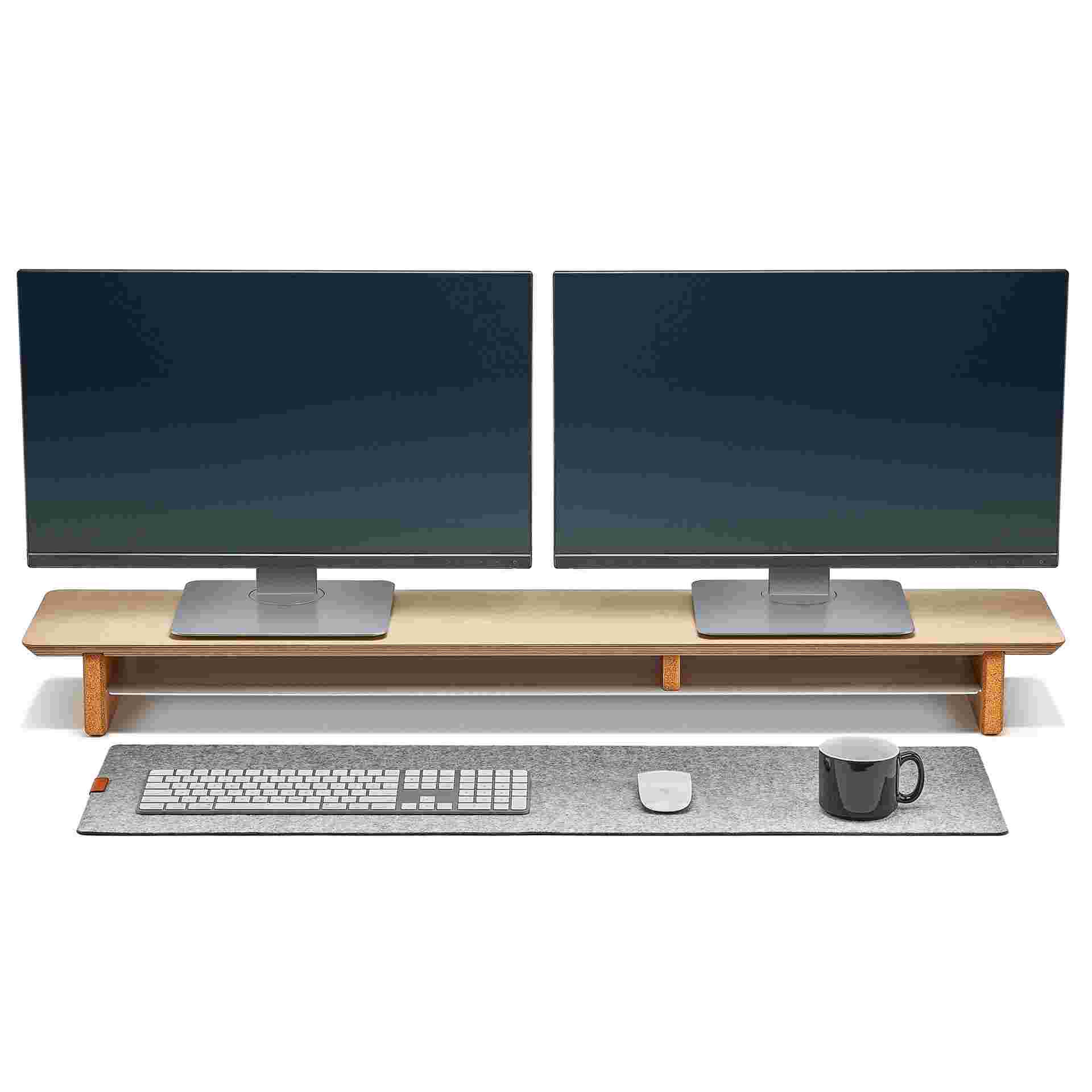 The Medium Wool Felt Desk Pad in light grey with the Maple Desk Shelf.