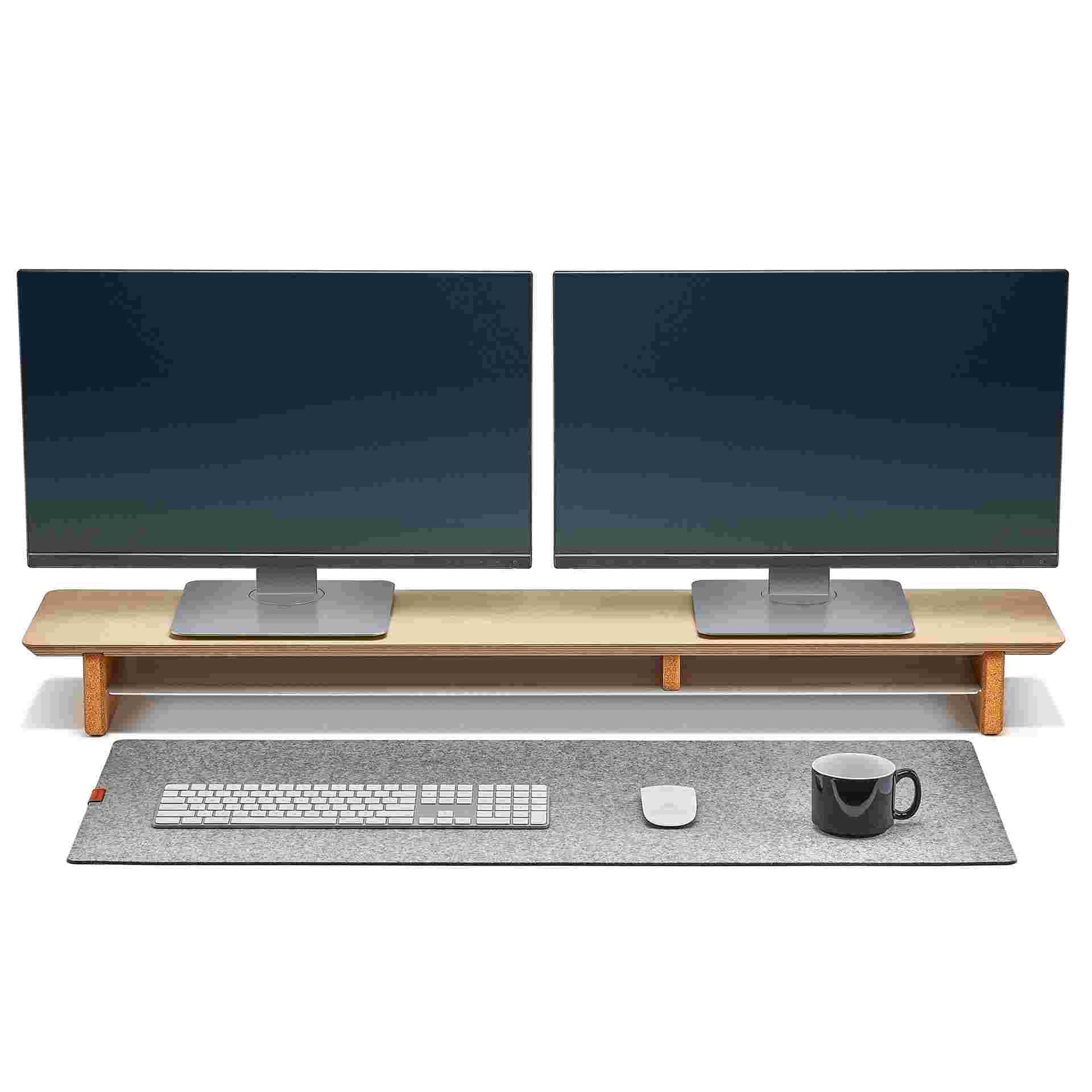 The Medium Plus Wool Felt Desk Pad in light grey with the Maple Desk Shelf.