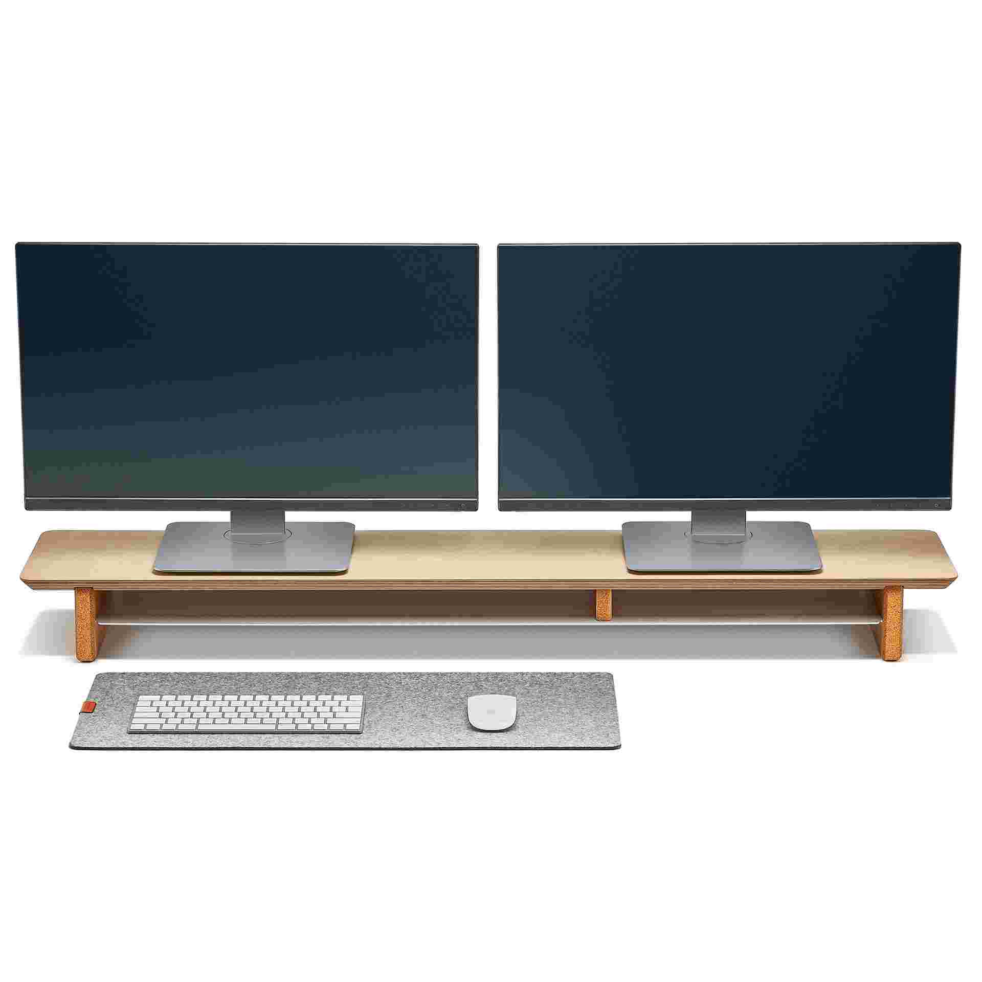 The Small Wool Felt Desk Pad in light grey with the Maple Desk Shelf.