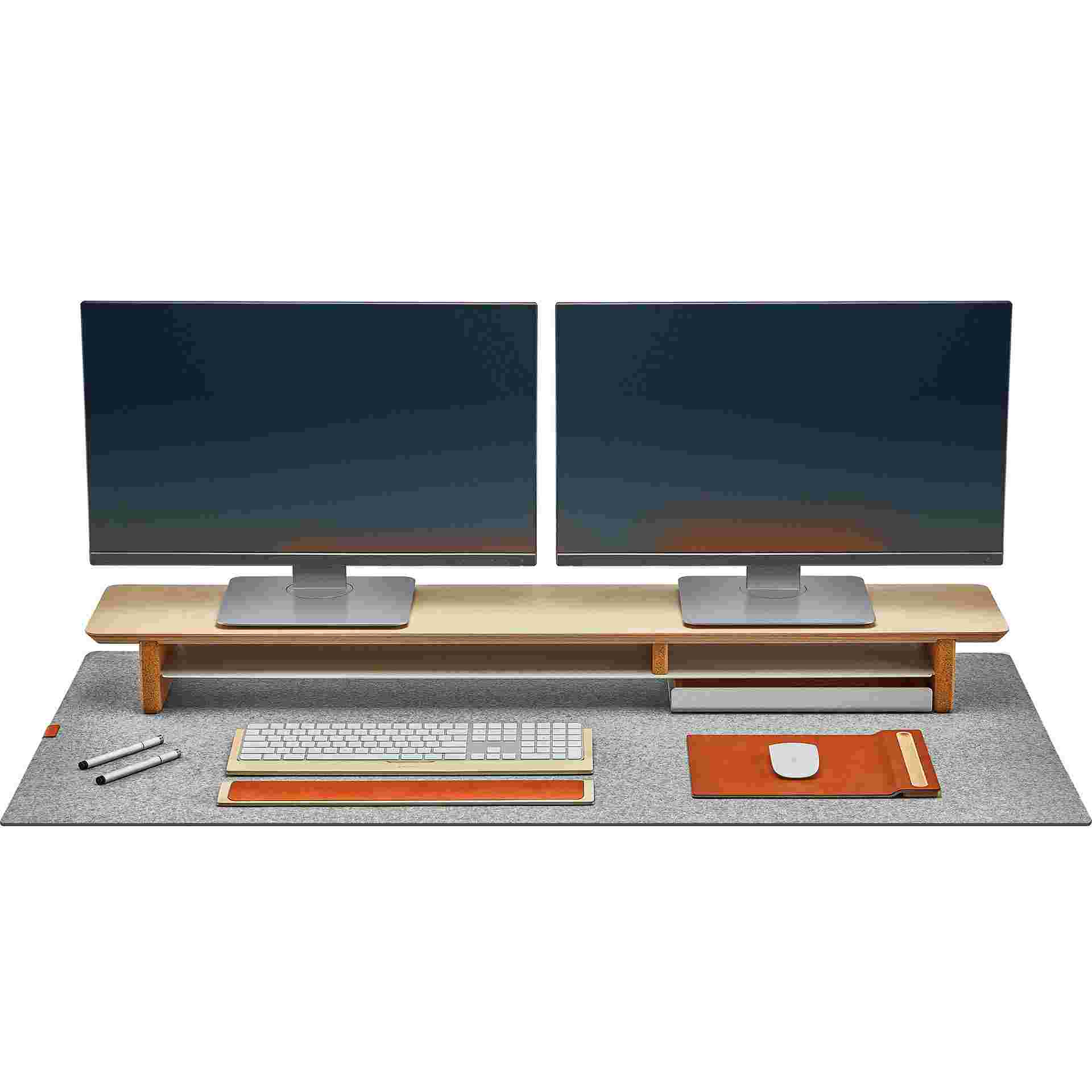 The XL Wool Felt Desk Pad in light grey with the Maple Desk Shelf System.