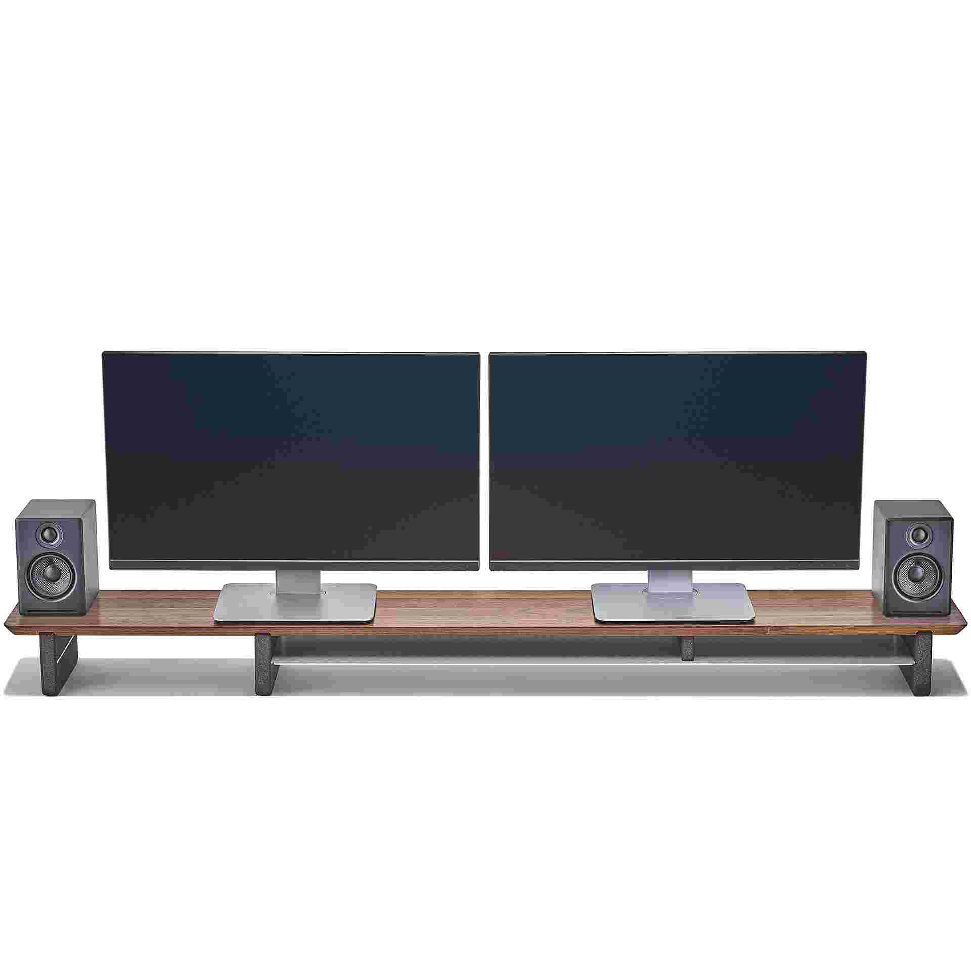 Extra wide hardwood walnut desk shelf with room for two monitors and small speakers.