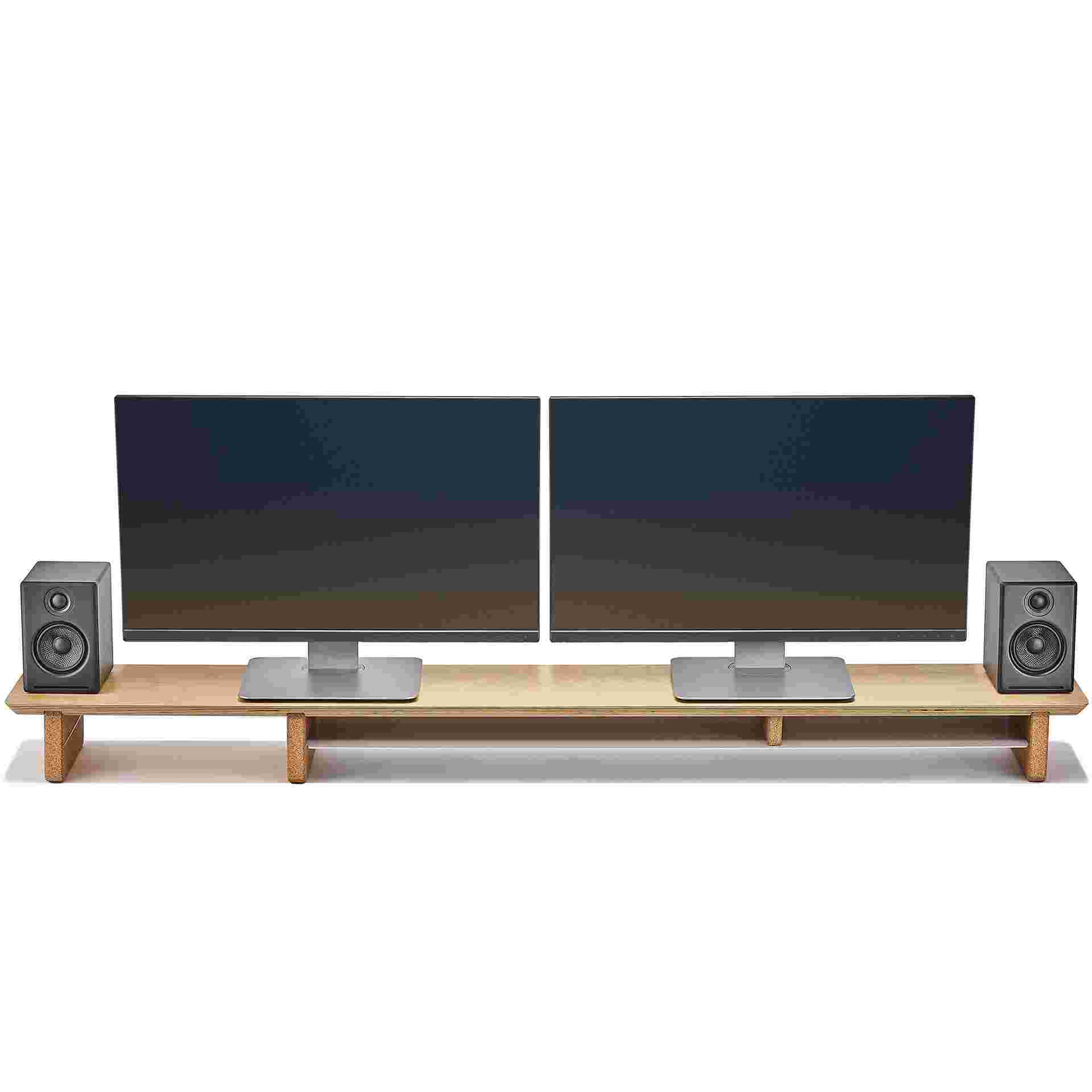 Extra wide maple desk shelf with room for two monitors and small speakers.