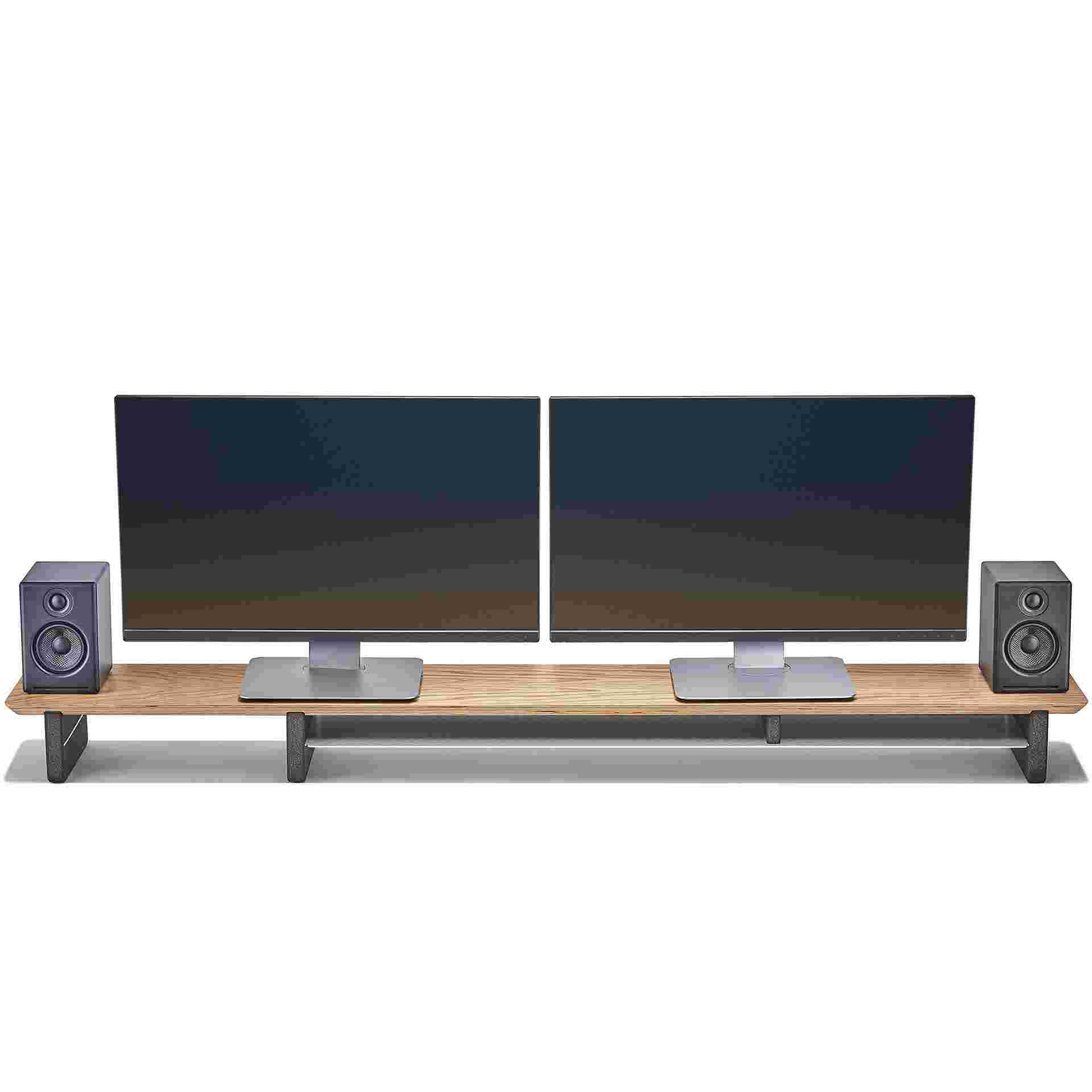 Extra wide oak desk shelf with room for two monitors and small speakers.