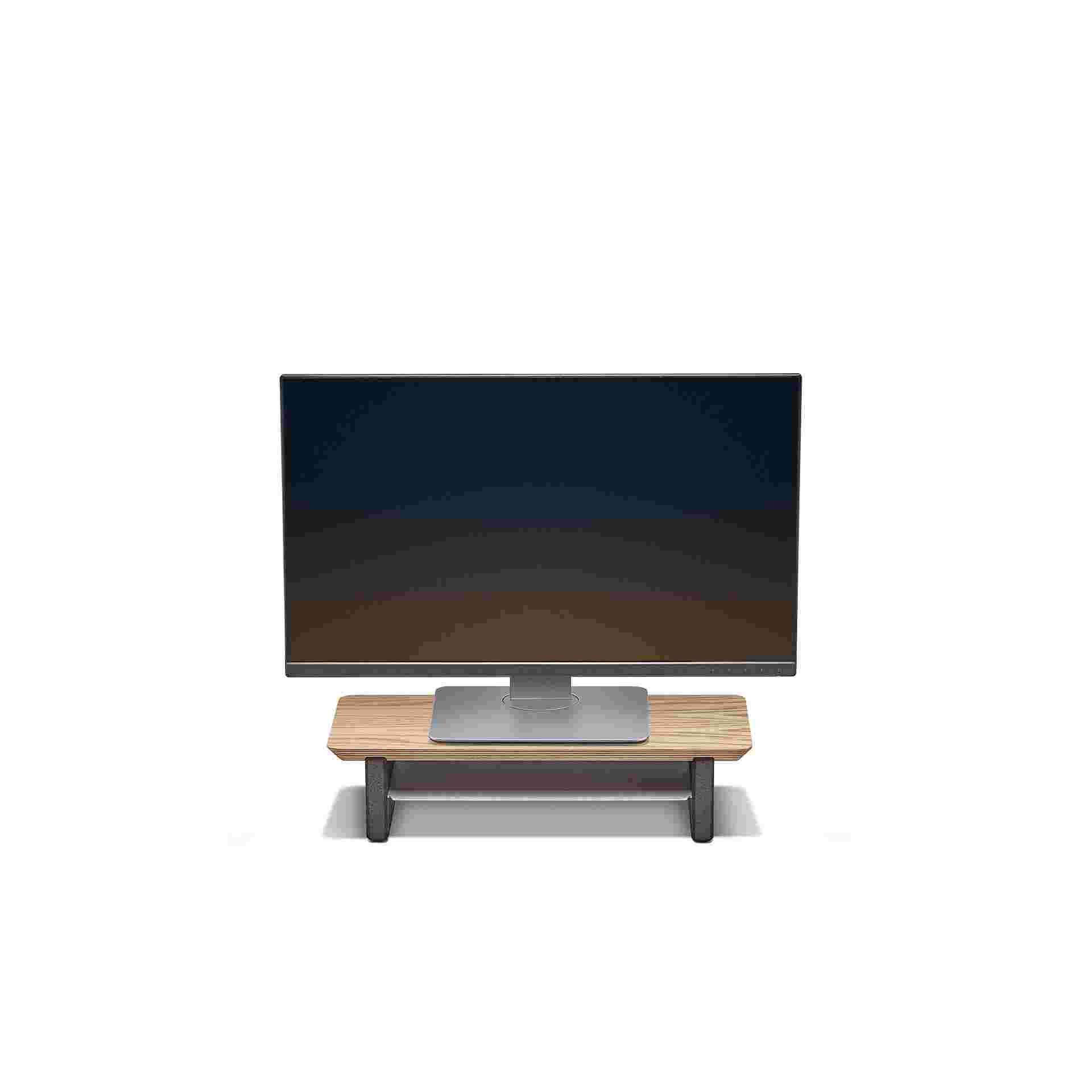 Small oak plywood desk shelf with one monitor.