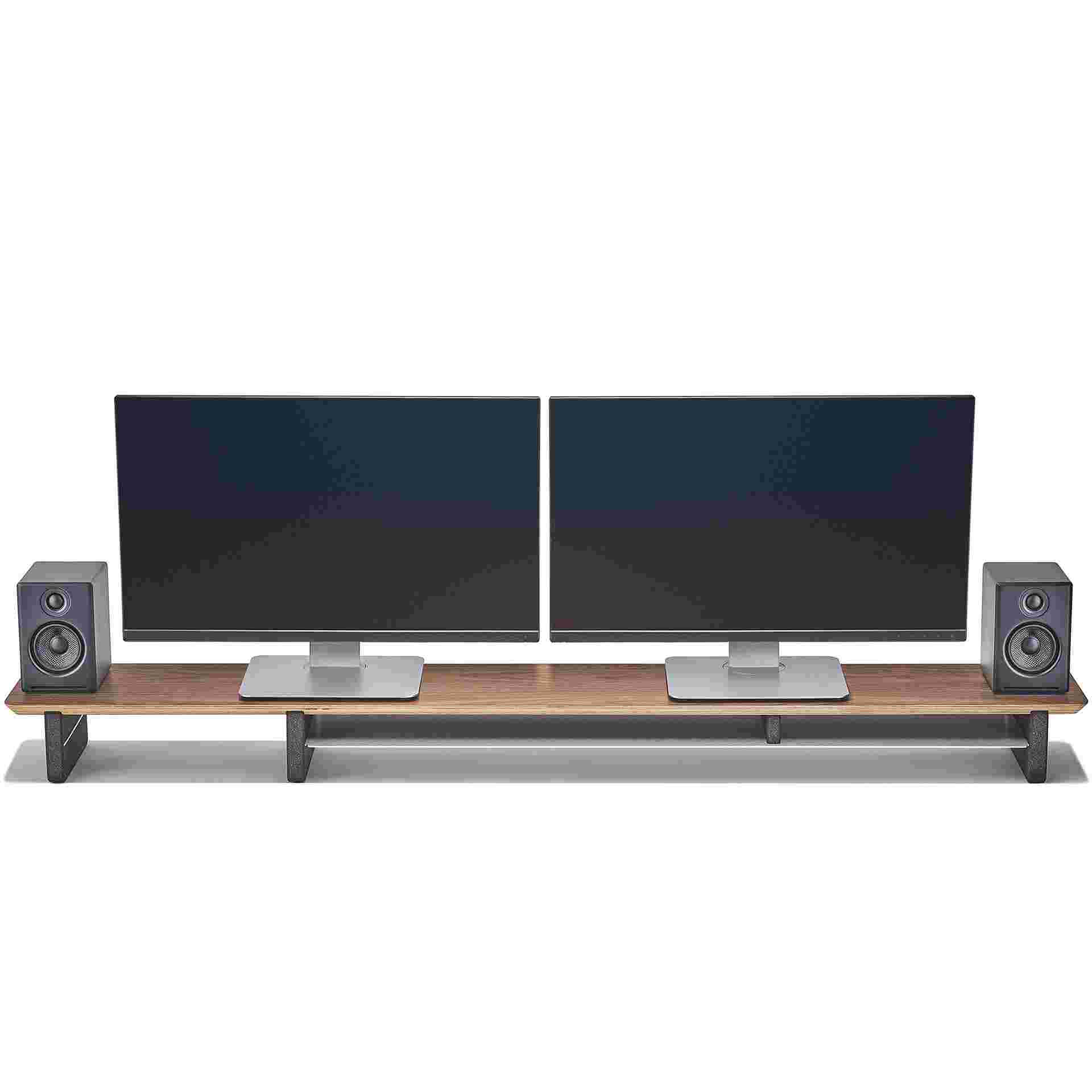 Extra wide walnut desk shelf with room for two monitors and small speakers.