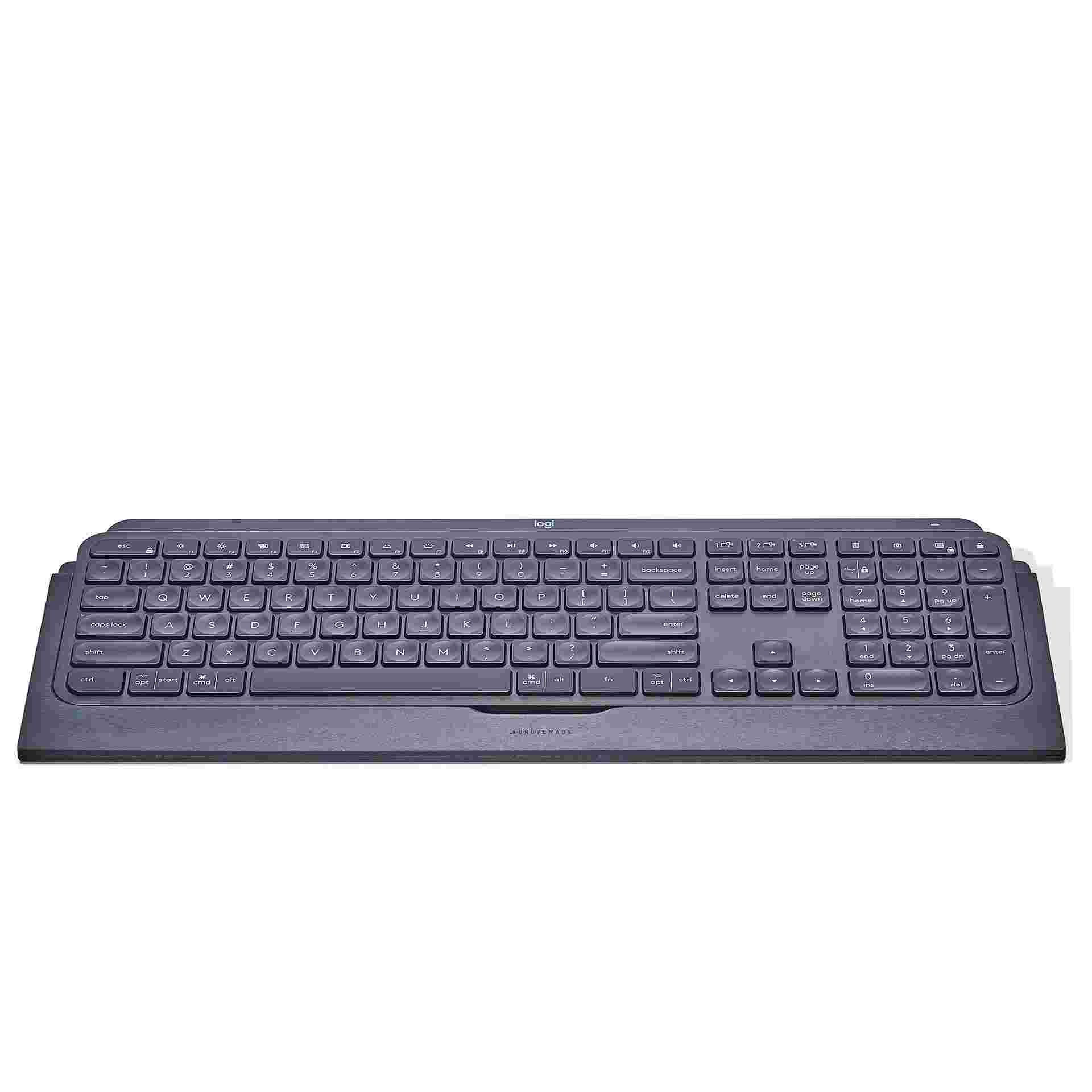 Straight on view of the Blackened Walnut Keyboard Tray for Logitech MX Keys Keyboard.