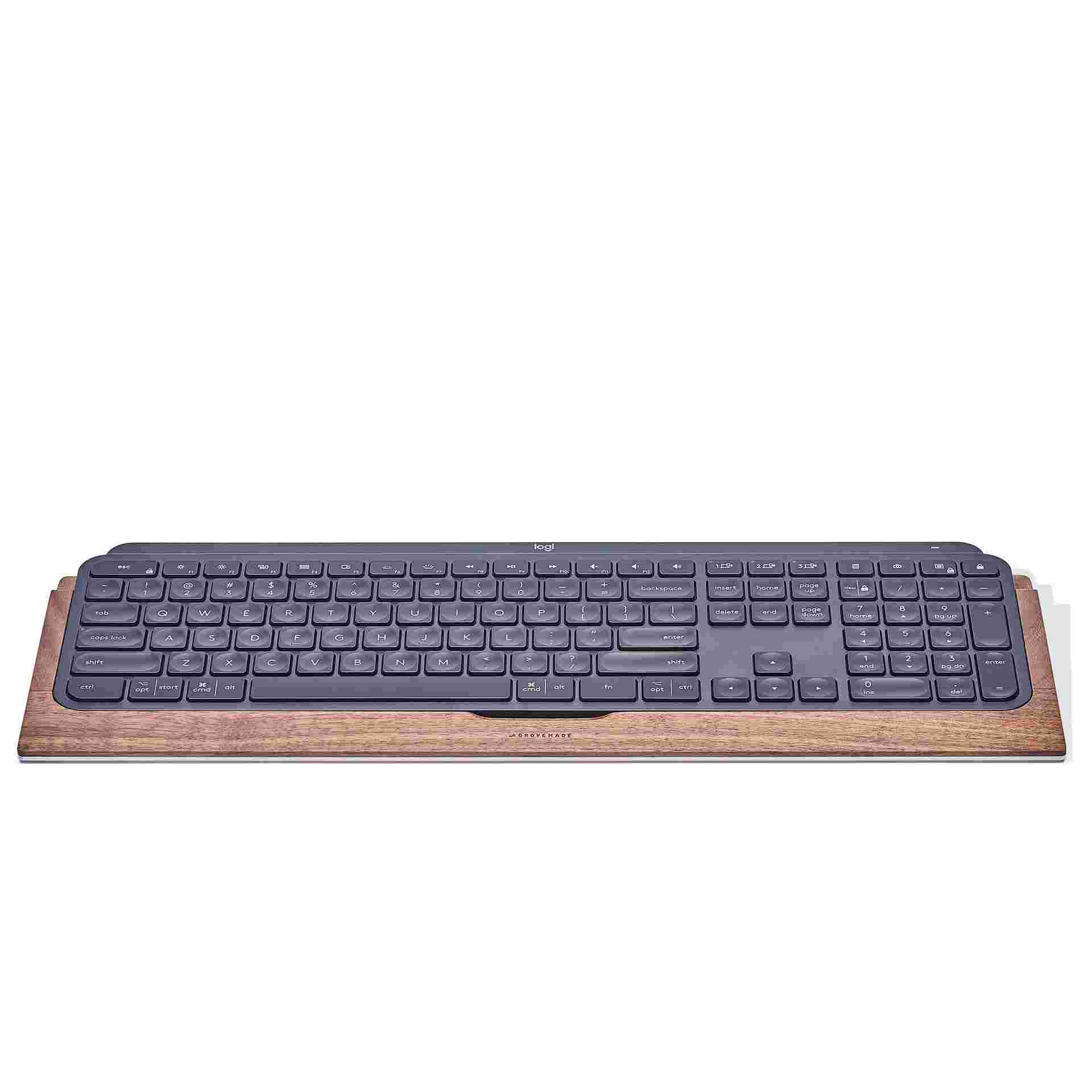 Straight on view of the Walnut Keyboard Tray for Logitech MX Keys Keyboard.