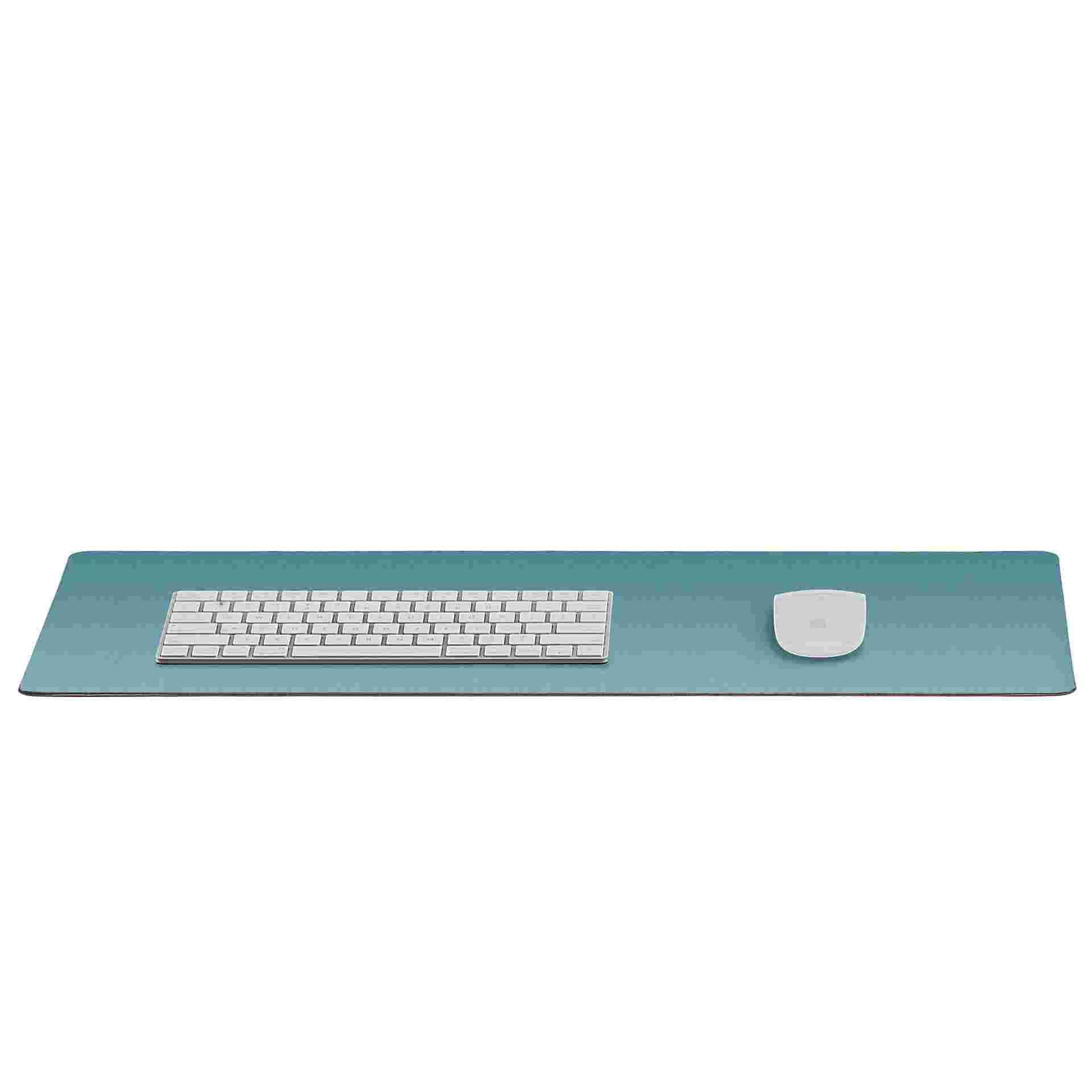 Small light blue desk pad for keyboard and mouse.