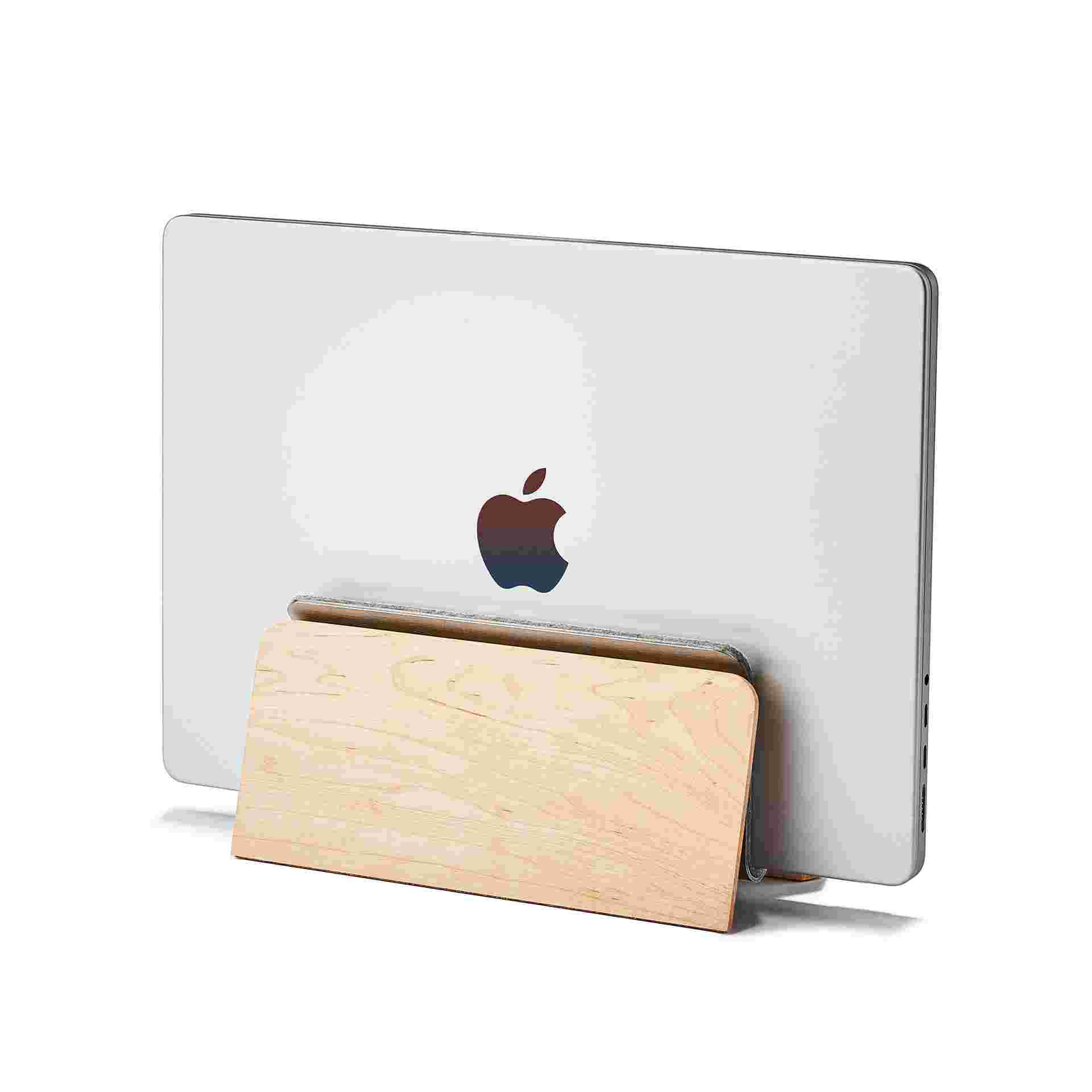 Vertical MacBook Pro 14 inch stand in maple.