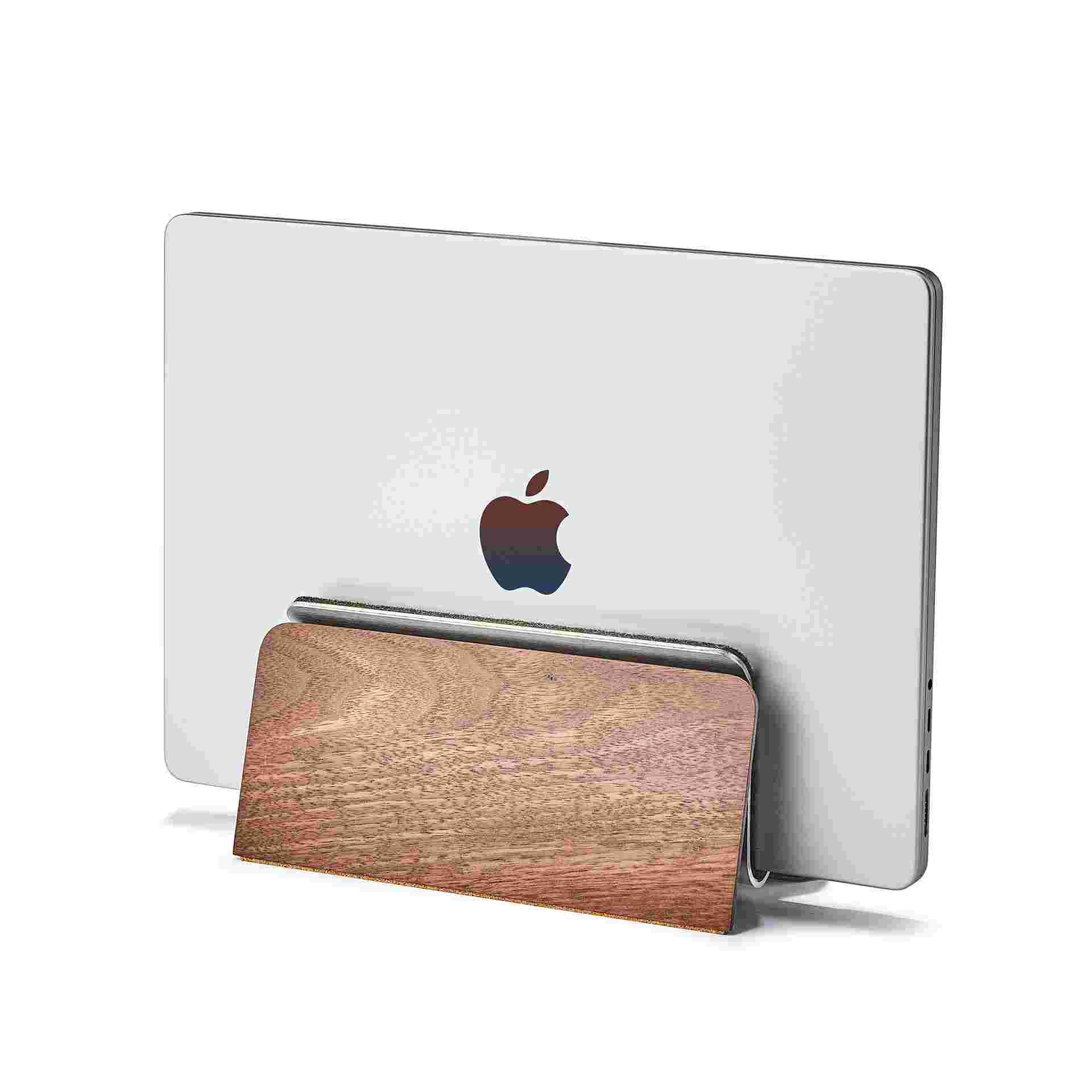Vertical MacBook Pro 14 inch stand in walnut.