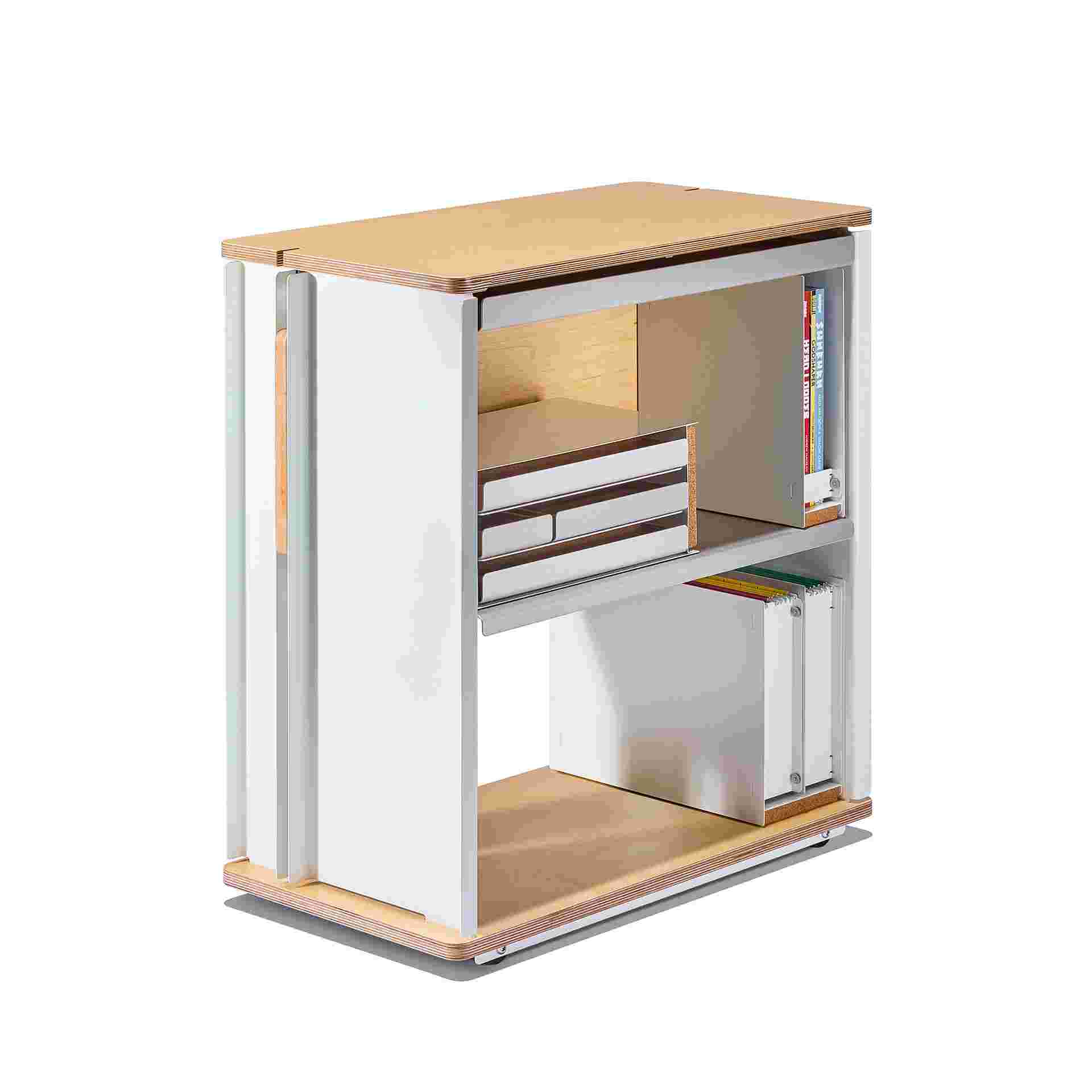 3/4 view of maple plywood desk cart with various storage accessories.