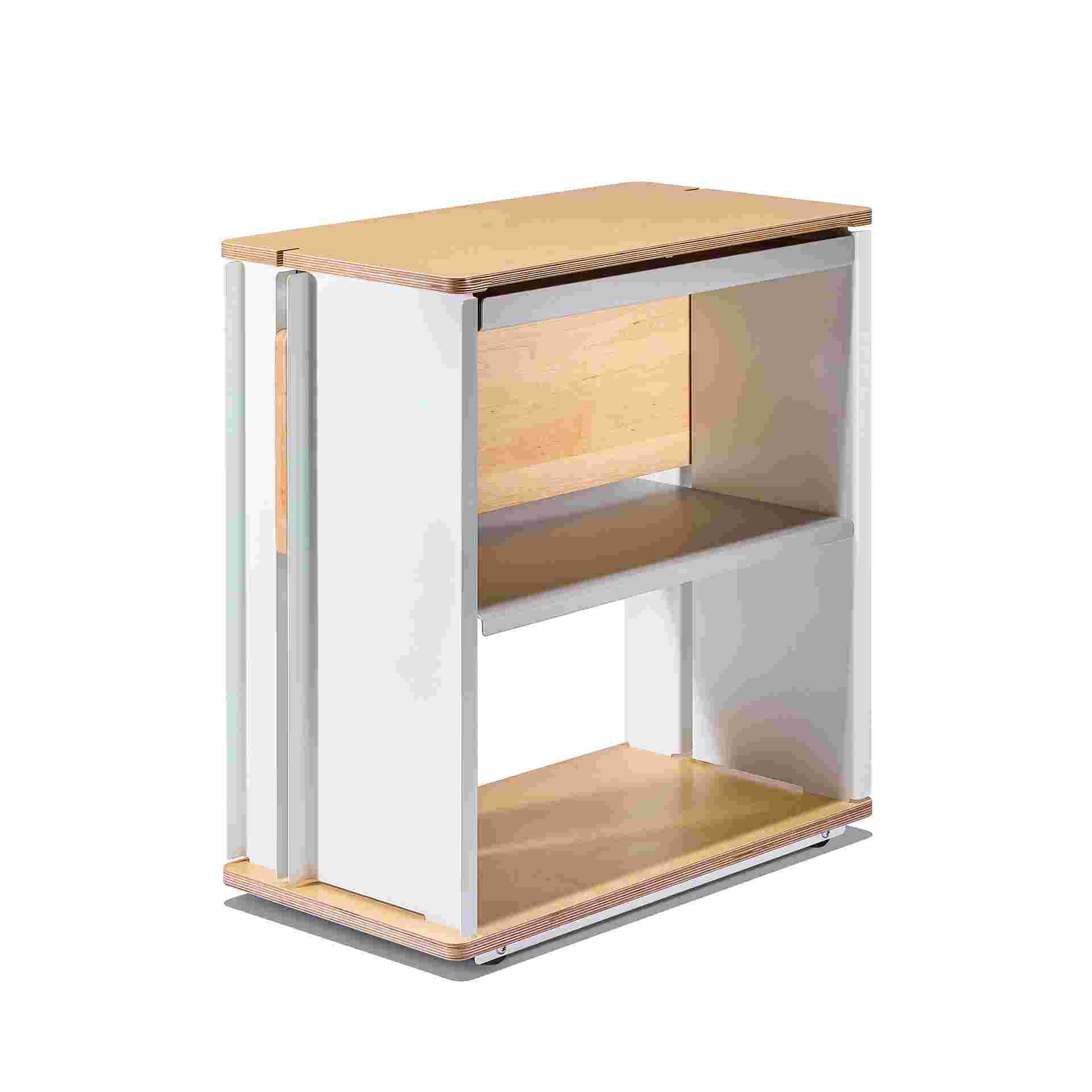 3/4 view of maple plywood desk cart