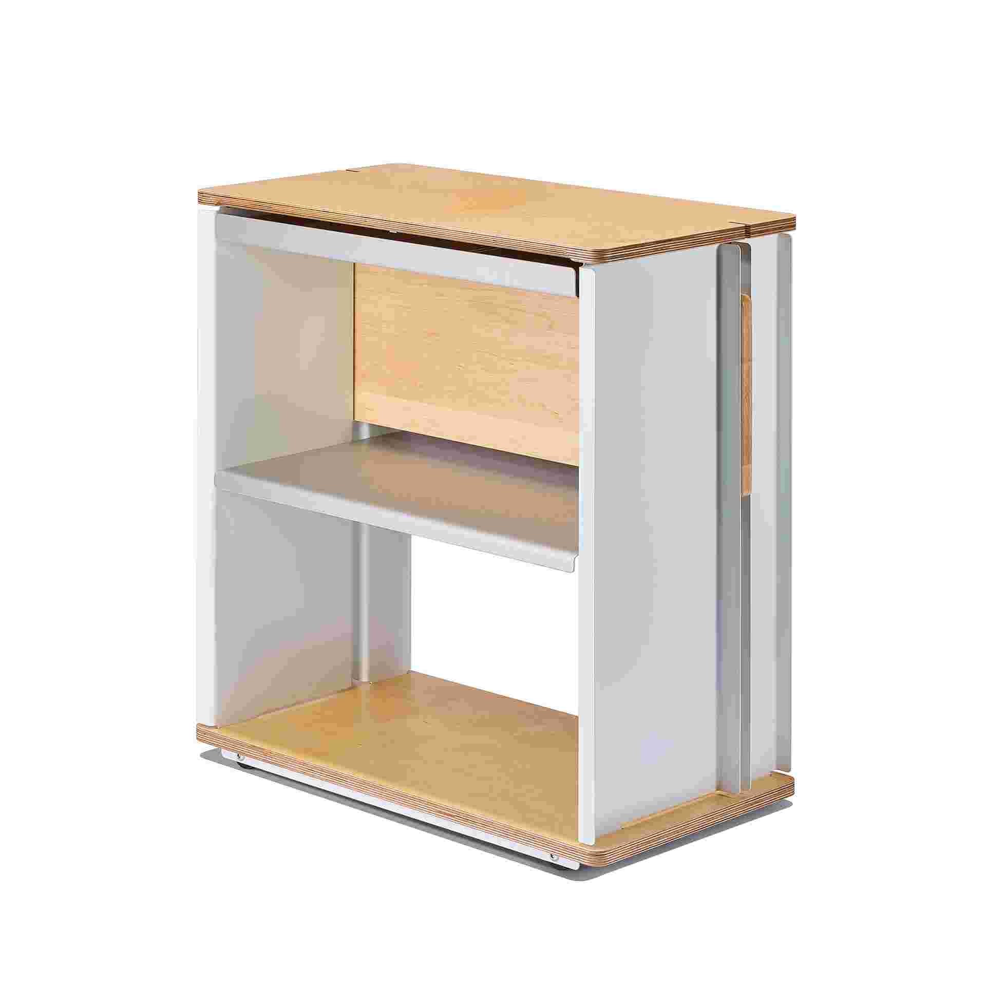Reverse 3/4 view of maple plywood desk cart