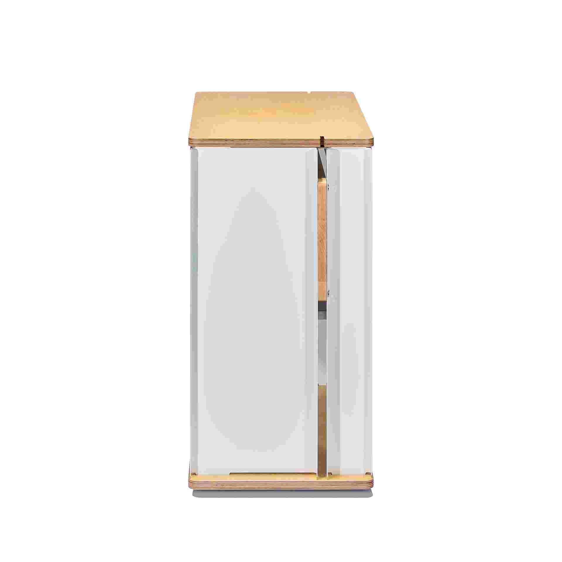 Profile view of maple plywood desk cart.