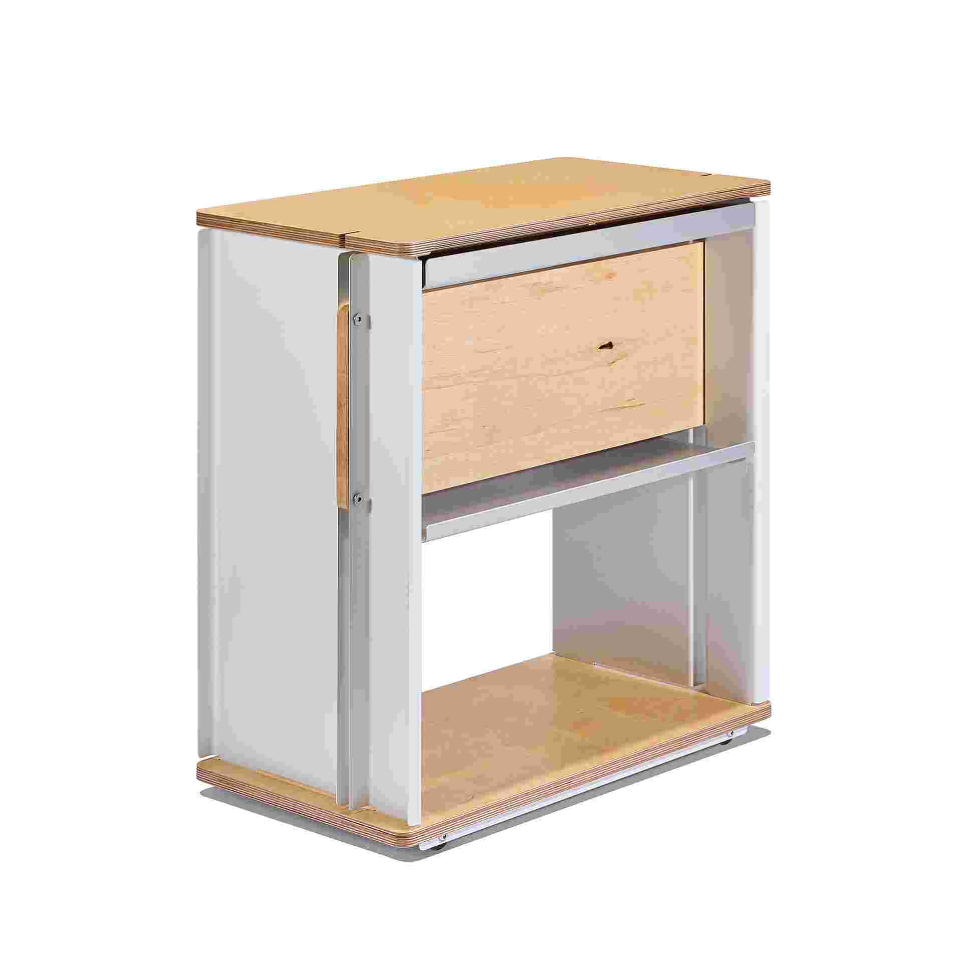 3/4 view of back side of the maple plywood desk cart.