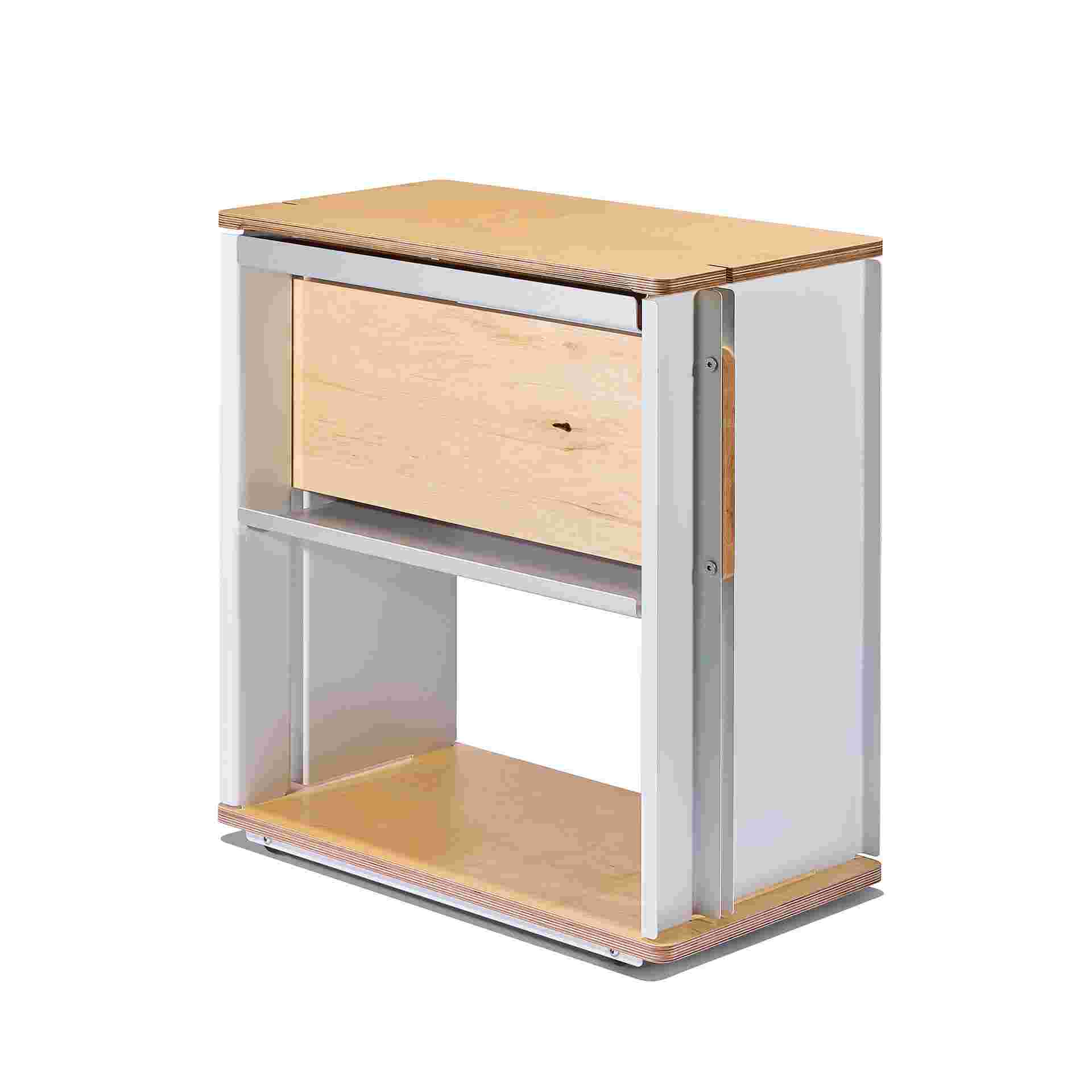 Reverse 3/4 view of back side of the maple plywood desk cart.