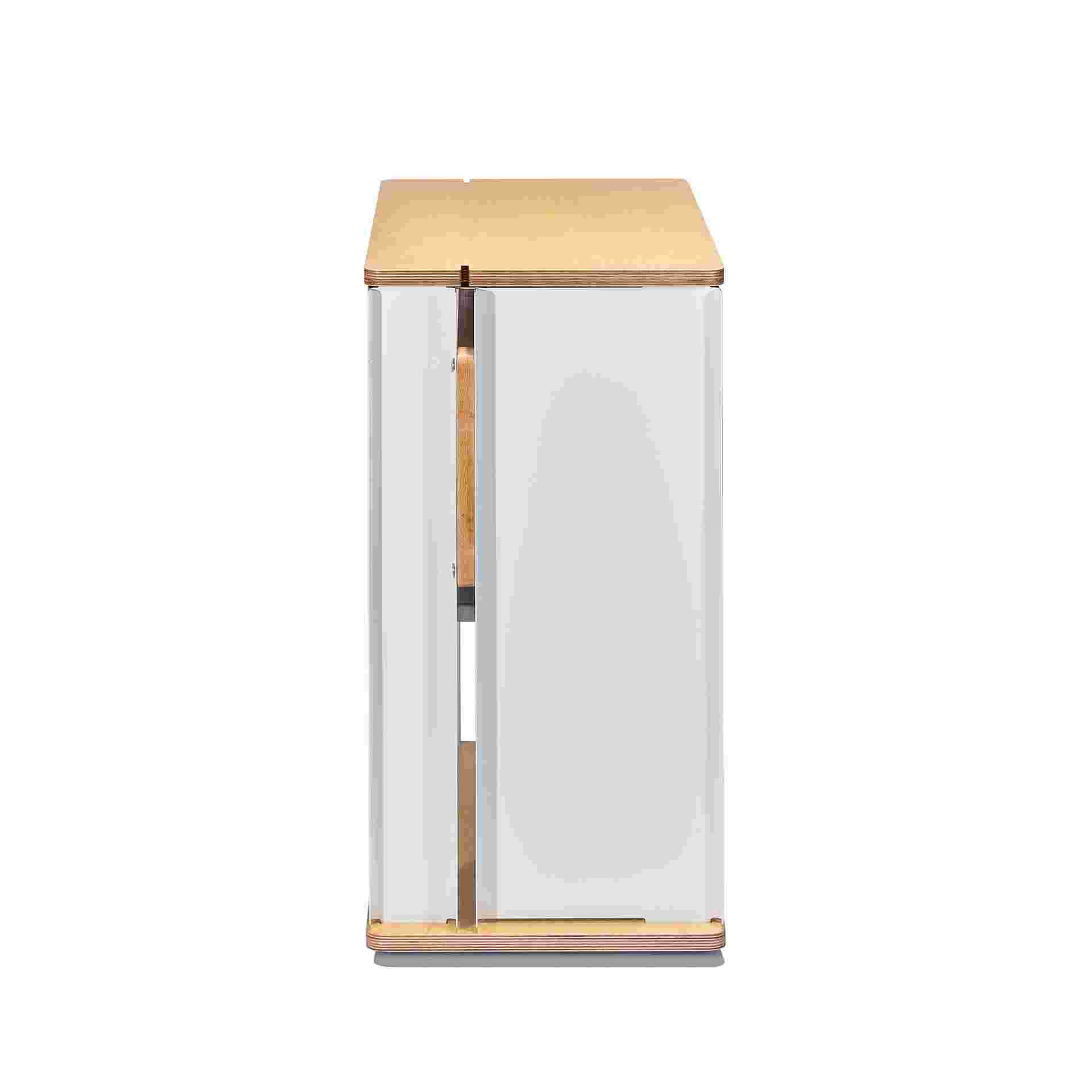 Reverse profile view of maple plywood desk cart.