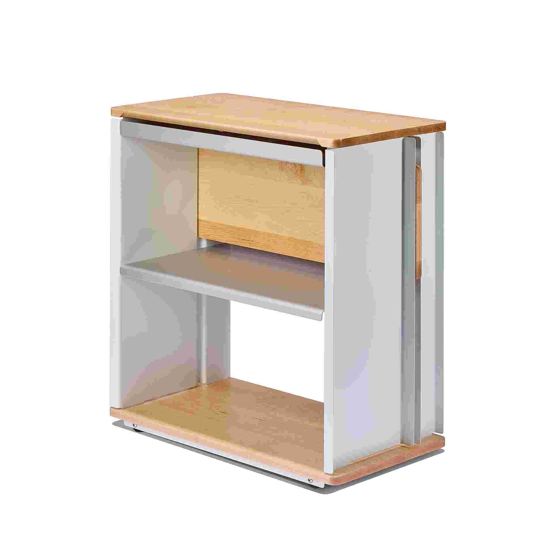Reverse 3/4 view of solid maple desk cart