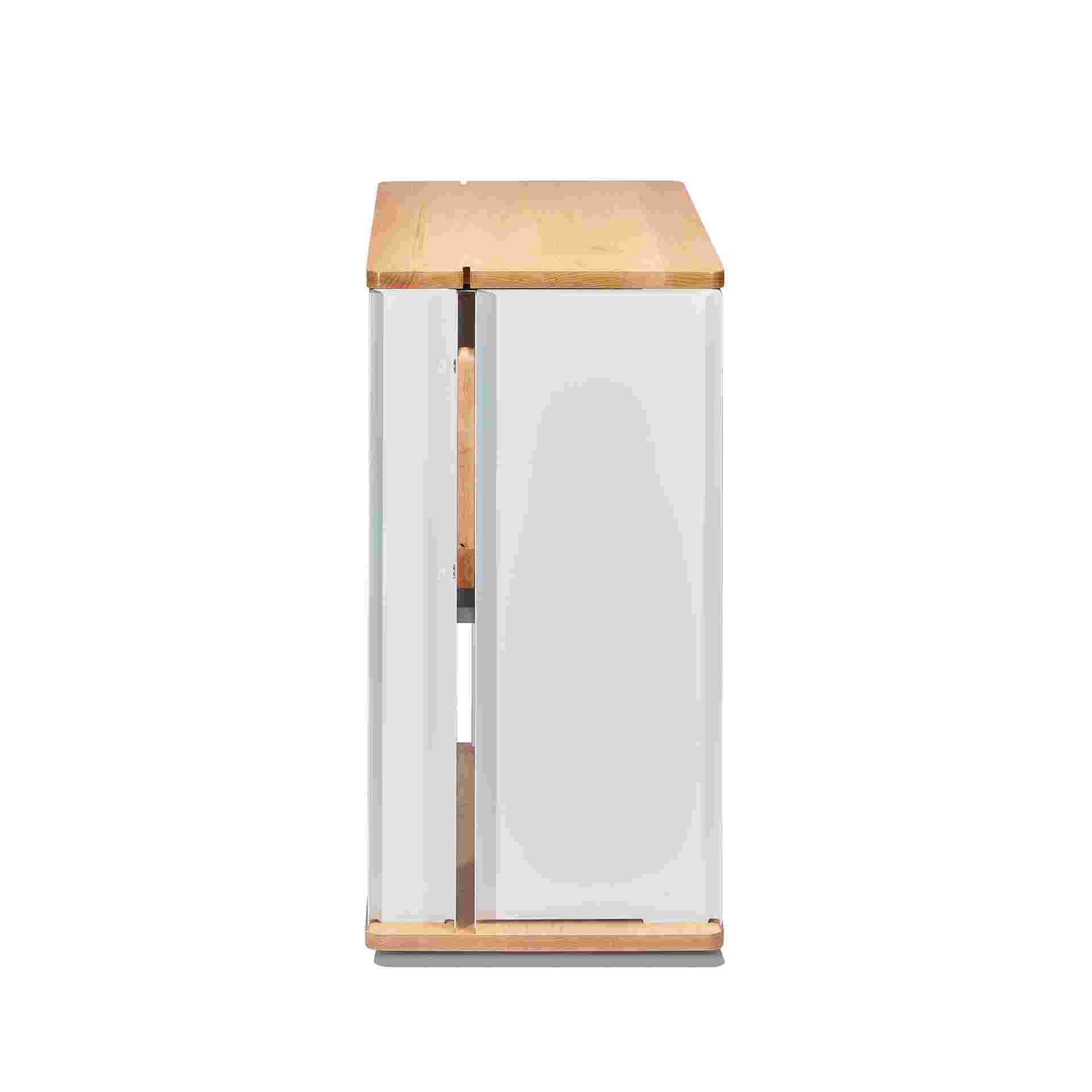 Profile view of solid maple desk cart.