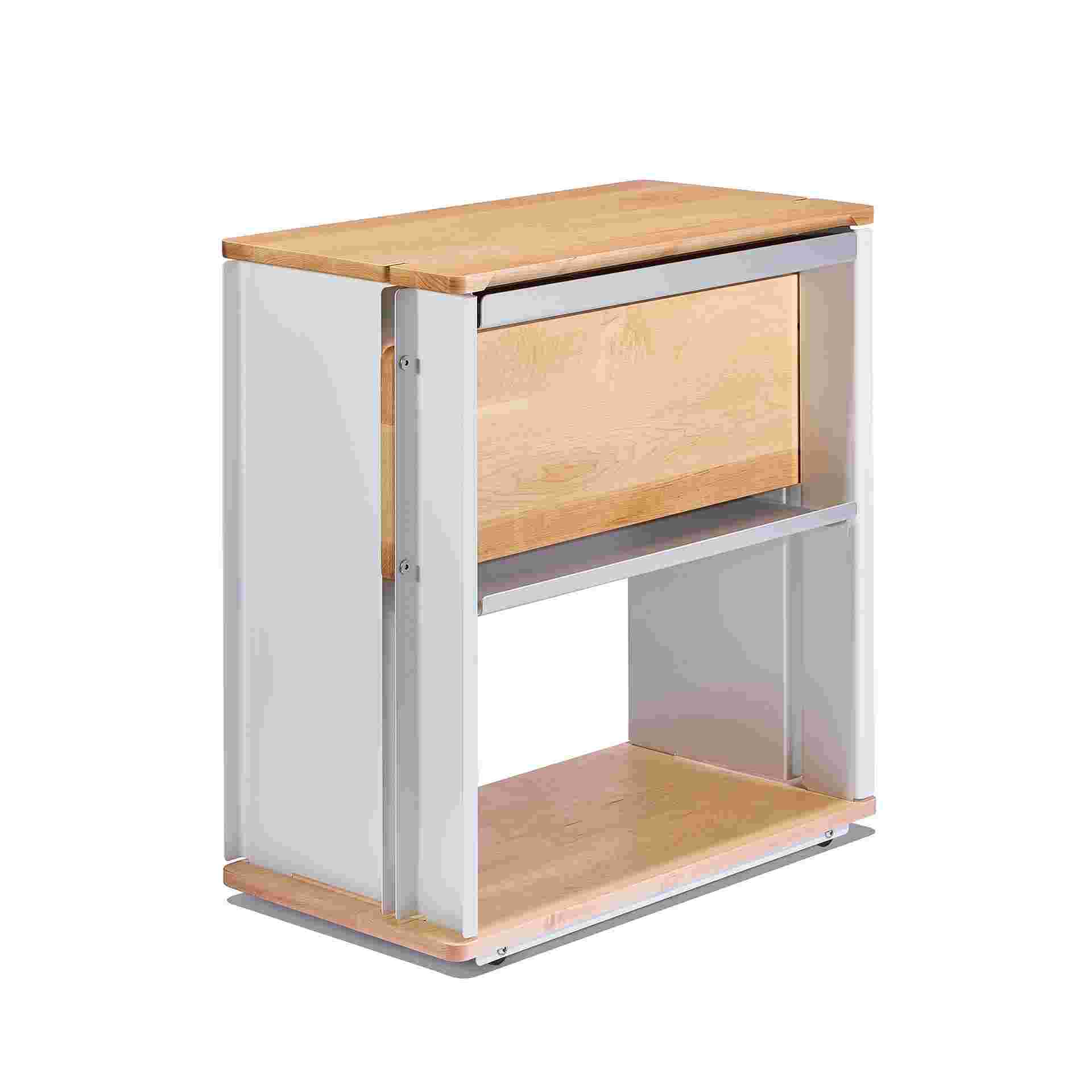 3/4 view of back side of the solid maple desk cart.