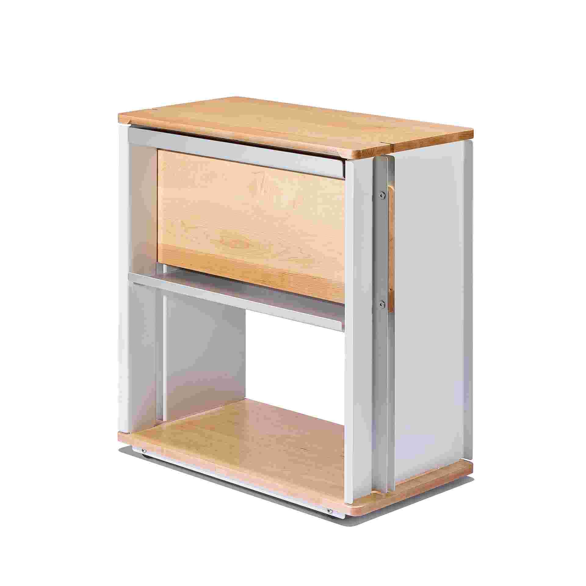 Reverse 3/4 view of back side of the solid maple desk cart.