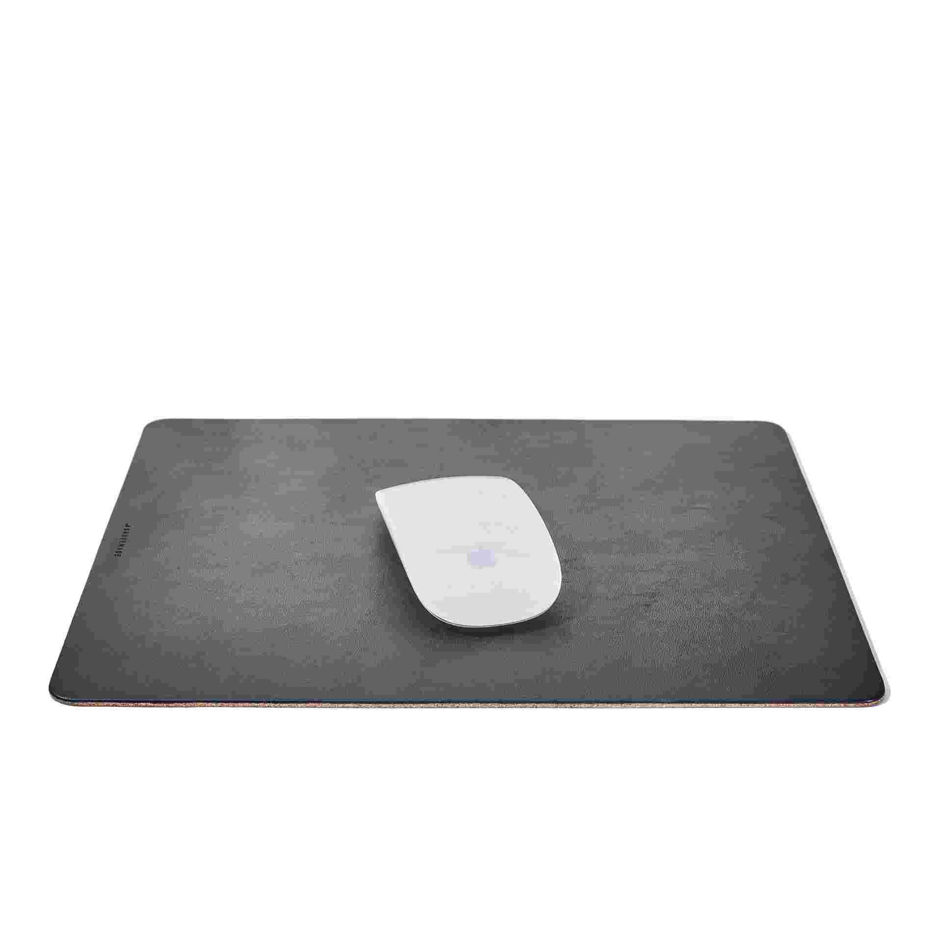 Premium black leather mouse pad, measuring 9 inches by 11.25 inches.
