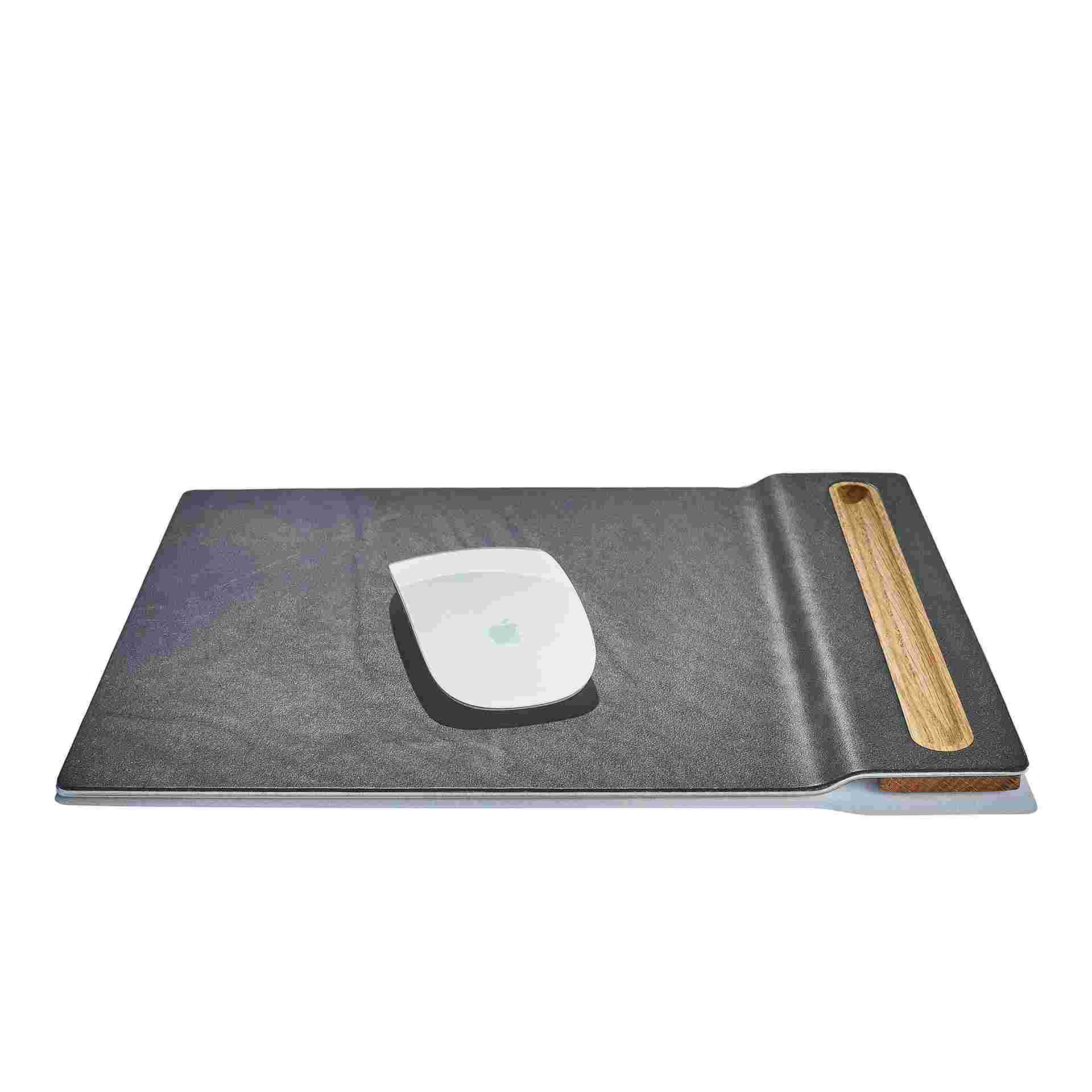 The Leather and Oak Mouse Pad in use with the Apple Magic Mouse 2.