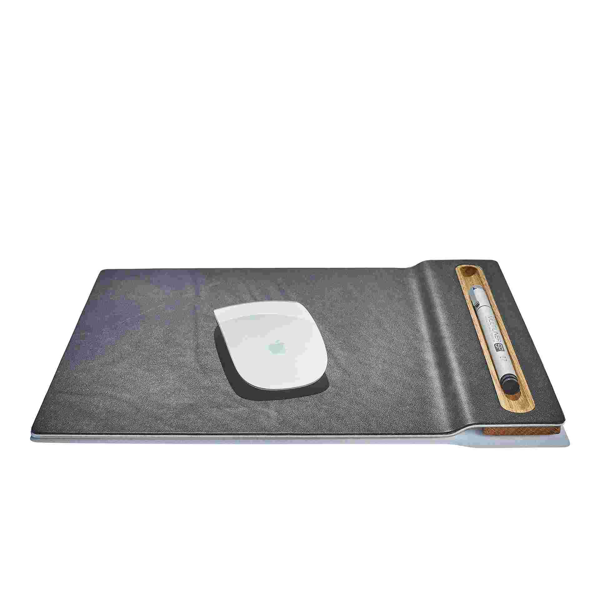 The mouse pad's integrated oak tray securing a pen or stylus.