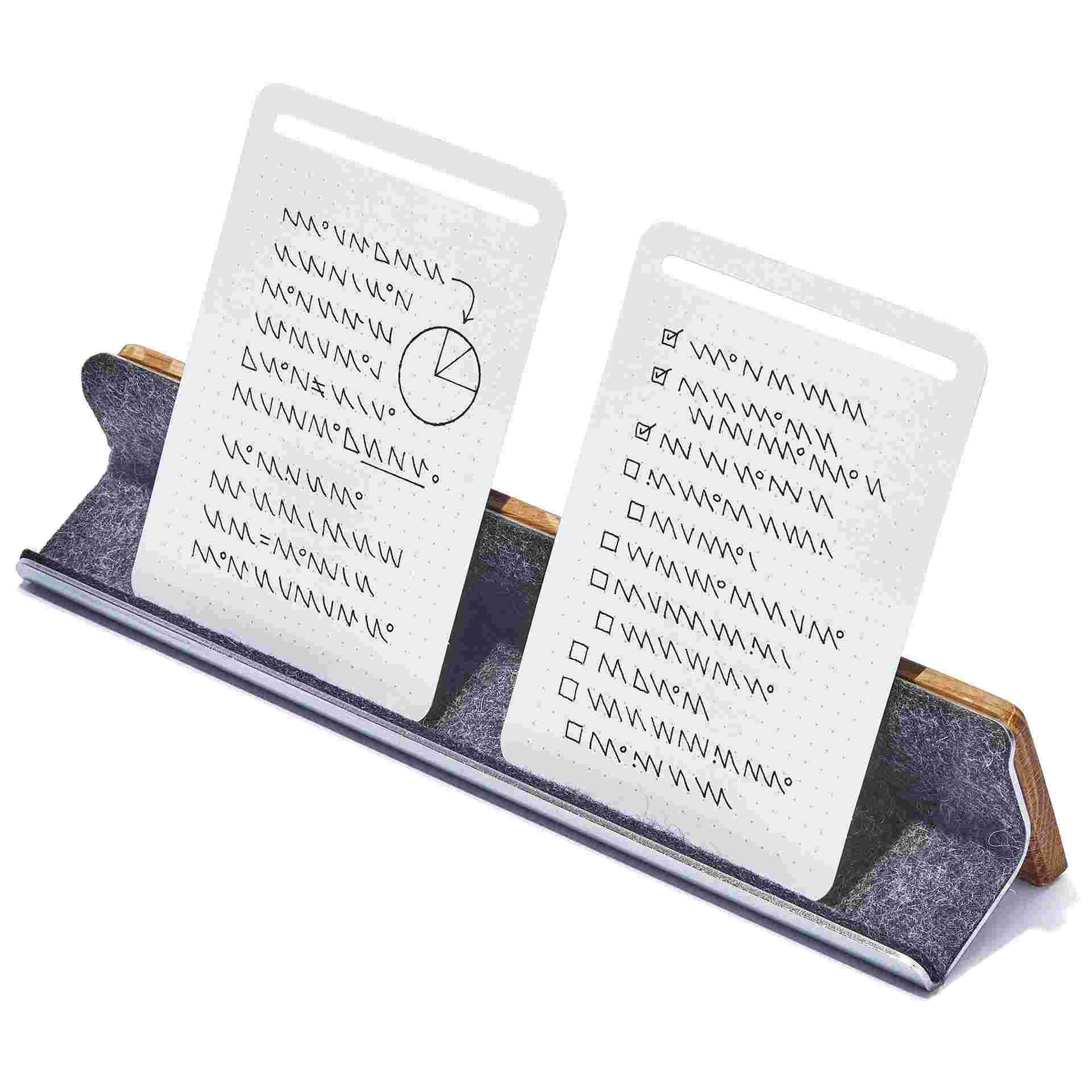 The Oak Display Rail, in use with two notecards.