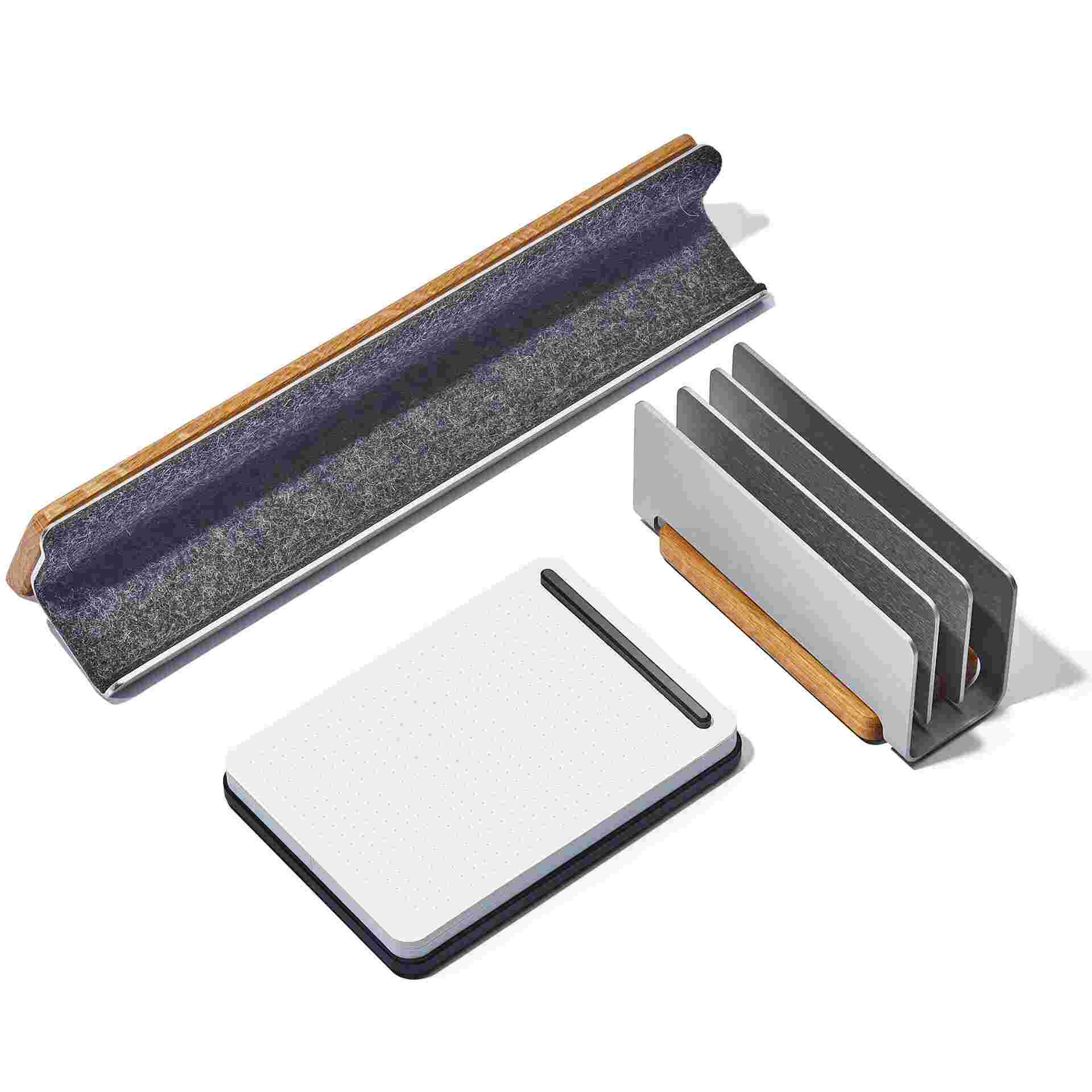 The three pieces of the Oak Note Taking Kit—Display Rail, Organizer, and Notepad.