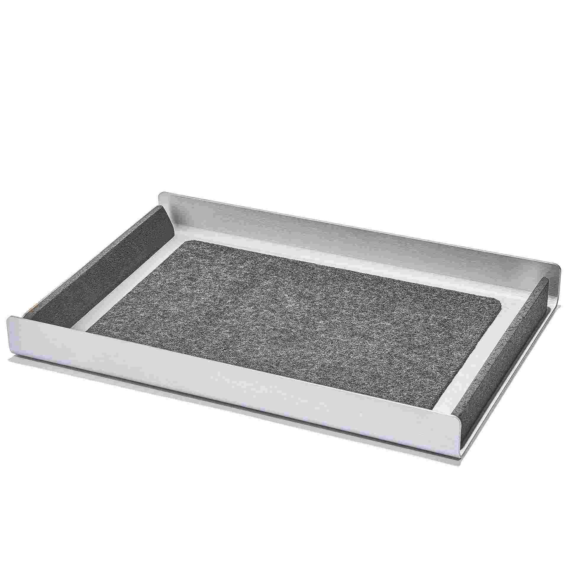 Dark paper tray with blackened cork end stops and inset dark wool felt for easy pickup.