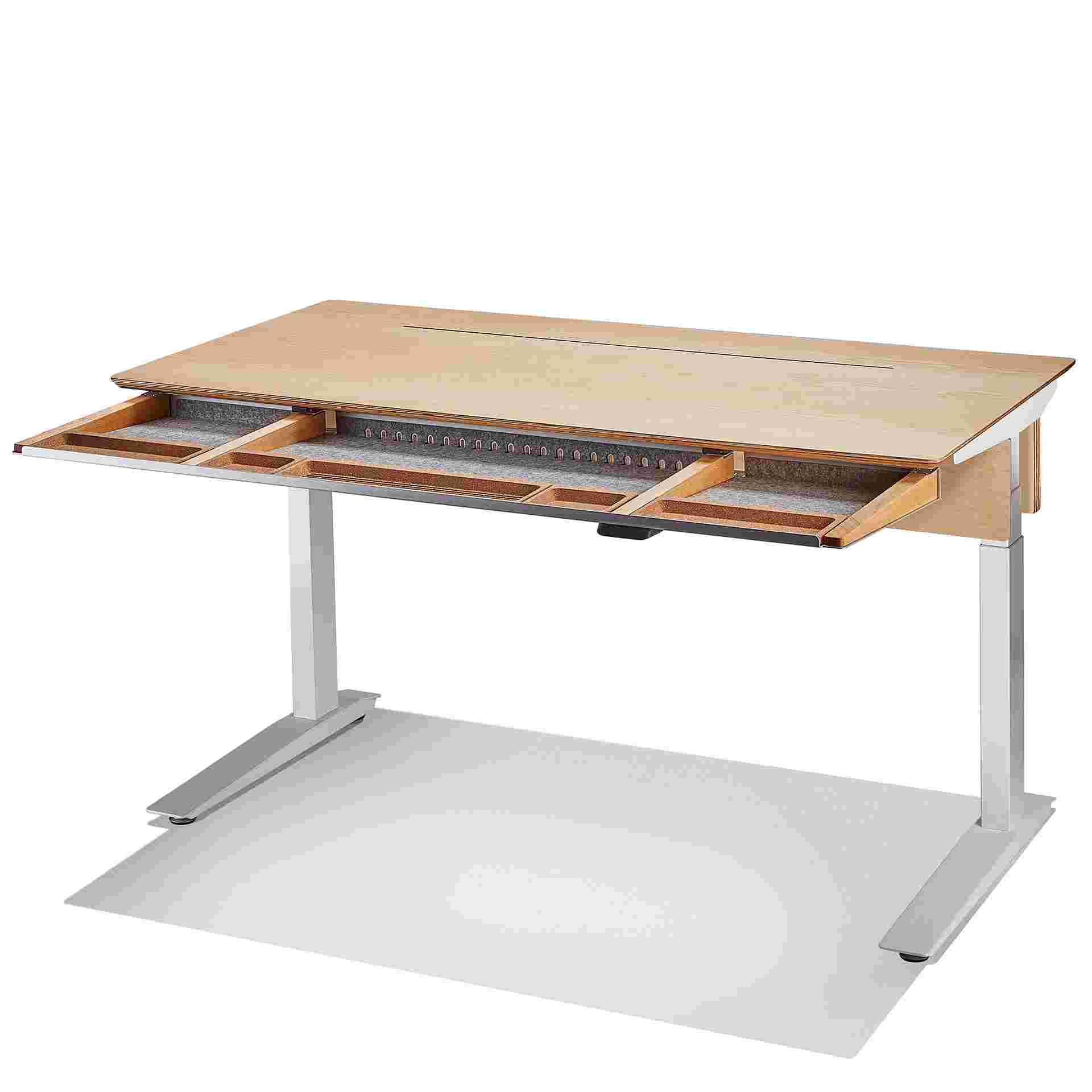3/4 view of the maple plywood desk with full-width drawer pulled out.