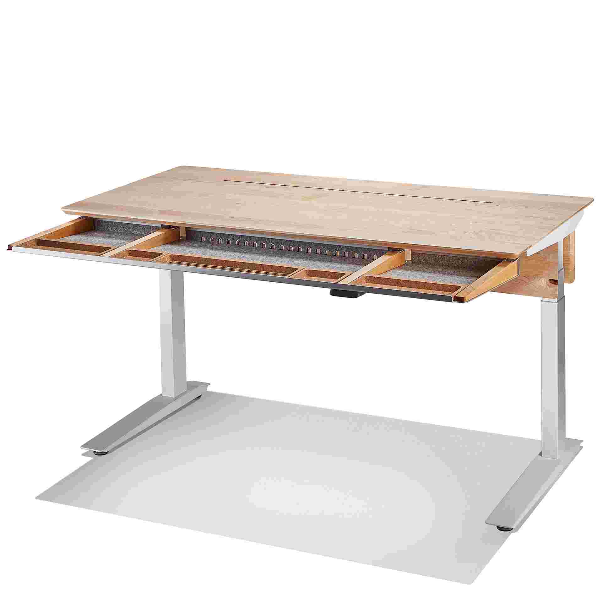 3/4 view of the hardwood maple desk with full-width drawer pulled out.