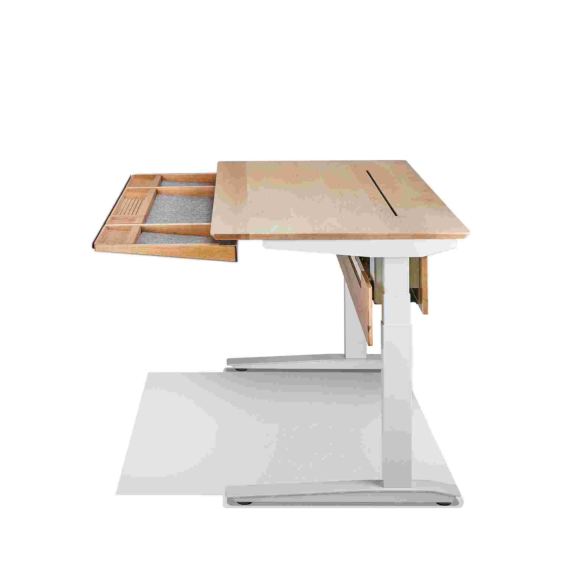 profile view of the hardwood maple desk with drawer pulled out 13 inches.