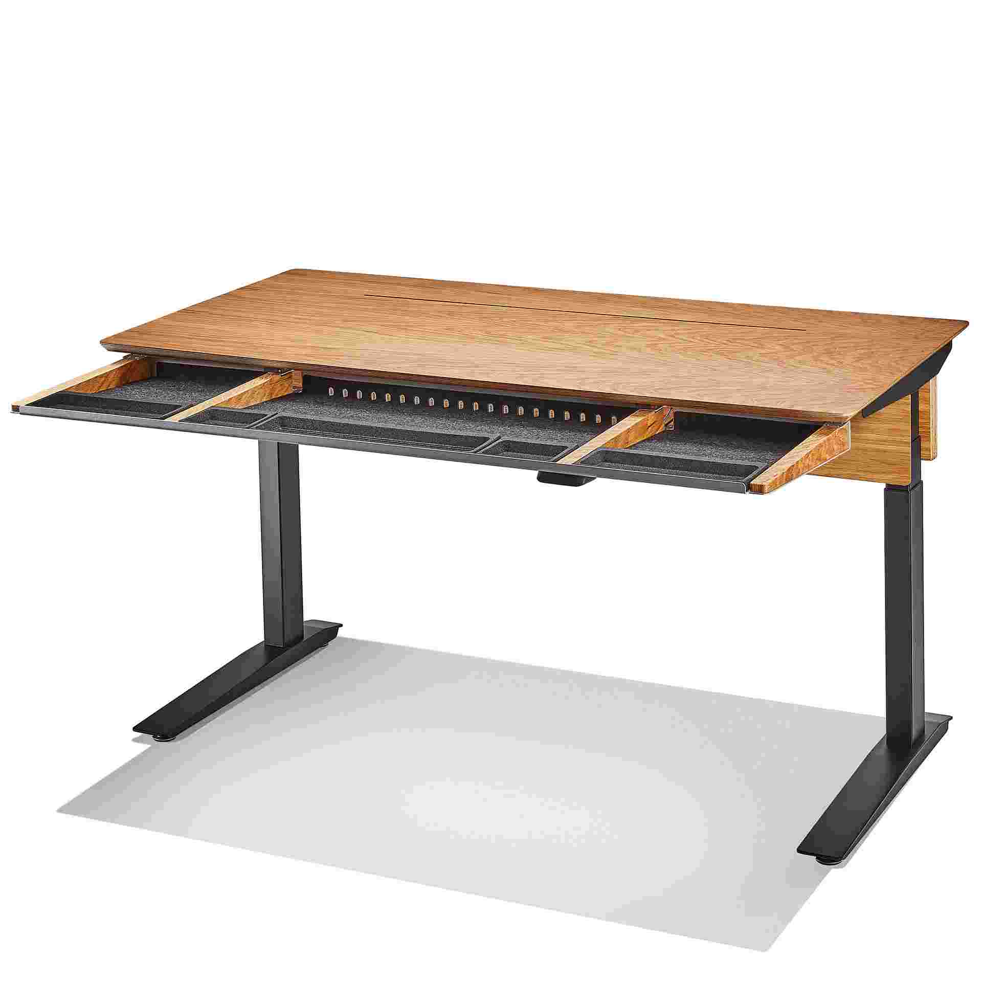 3/4 view of the oak plywood desk with full-width drawer pulled out.