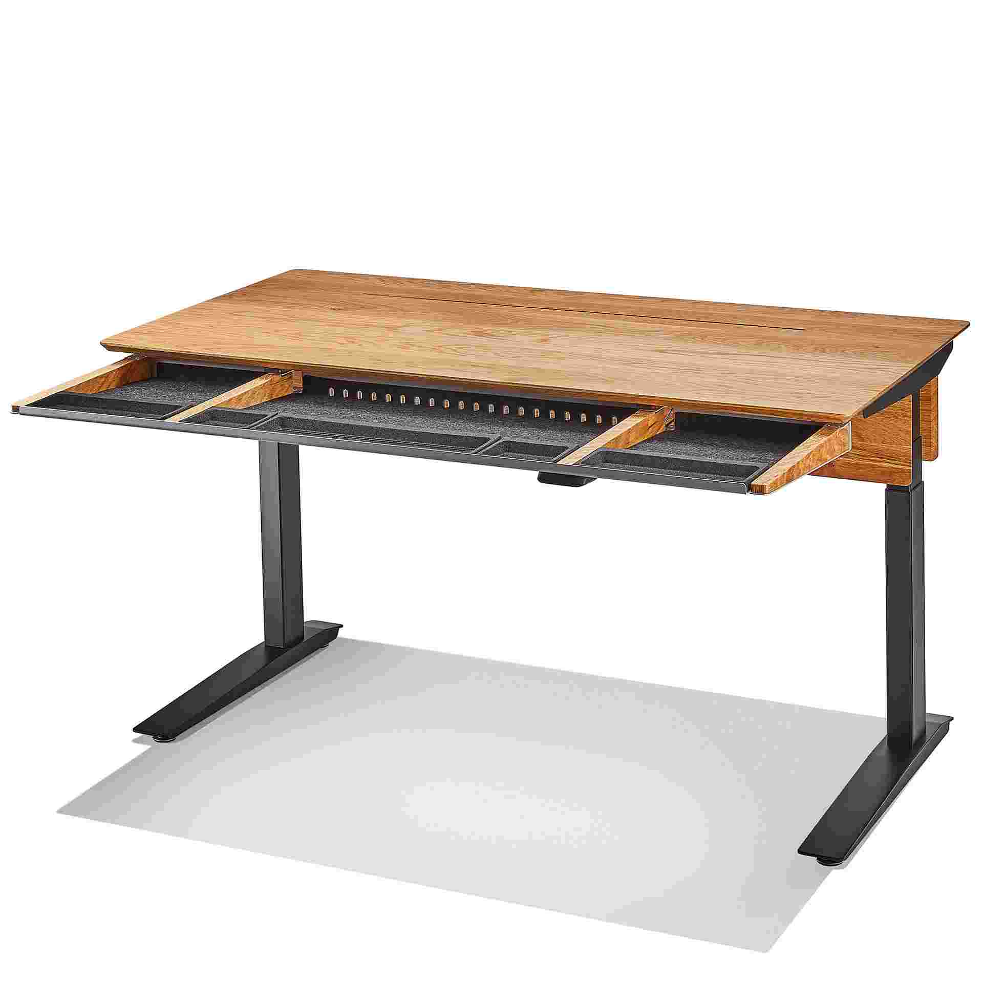 3/4 view of the hardwood oak desk with full-width drawer pulled out.