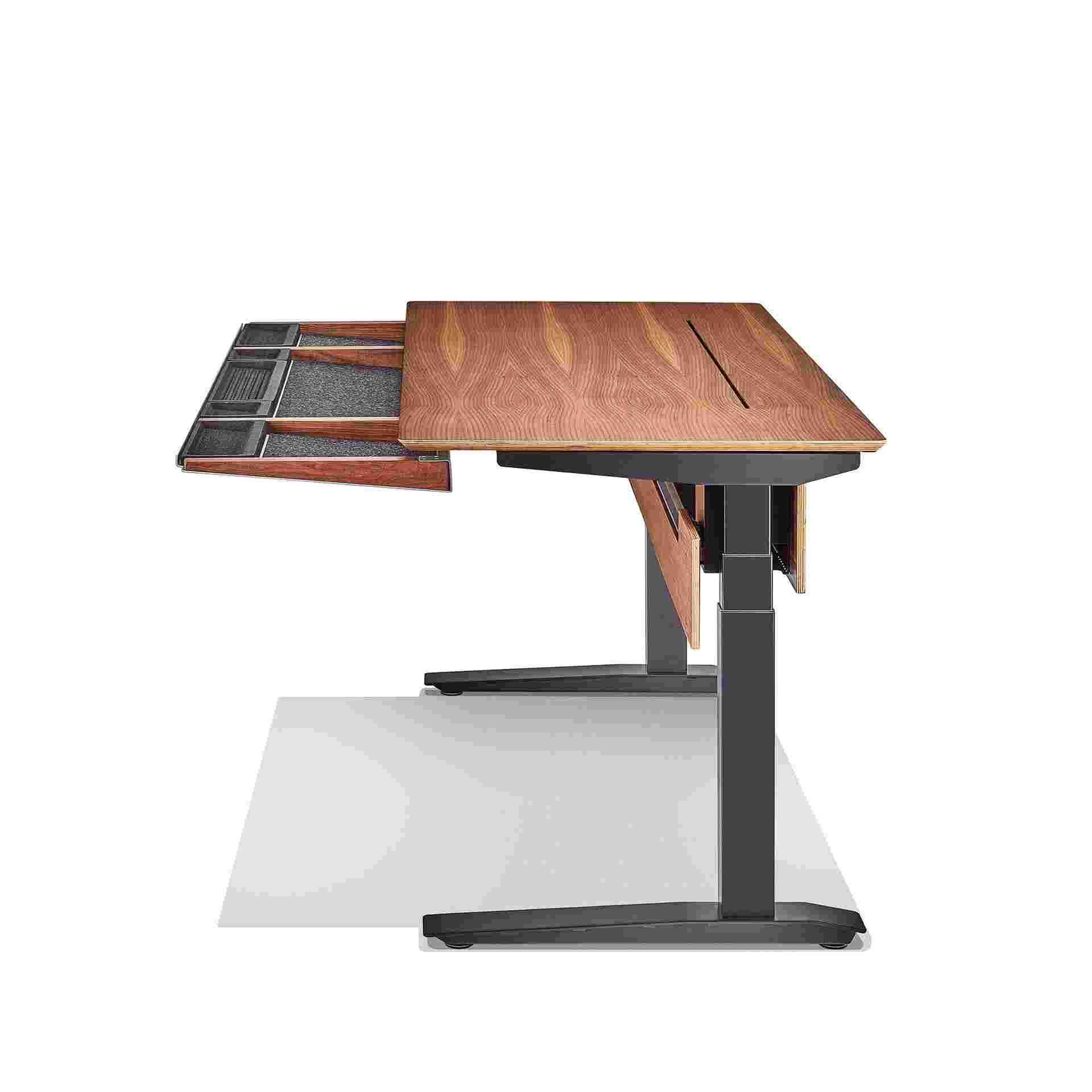 profile view of the walnut plywood desk with drawer pulled out 13 inches.