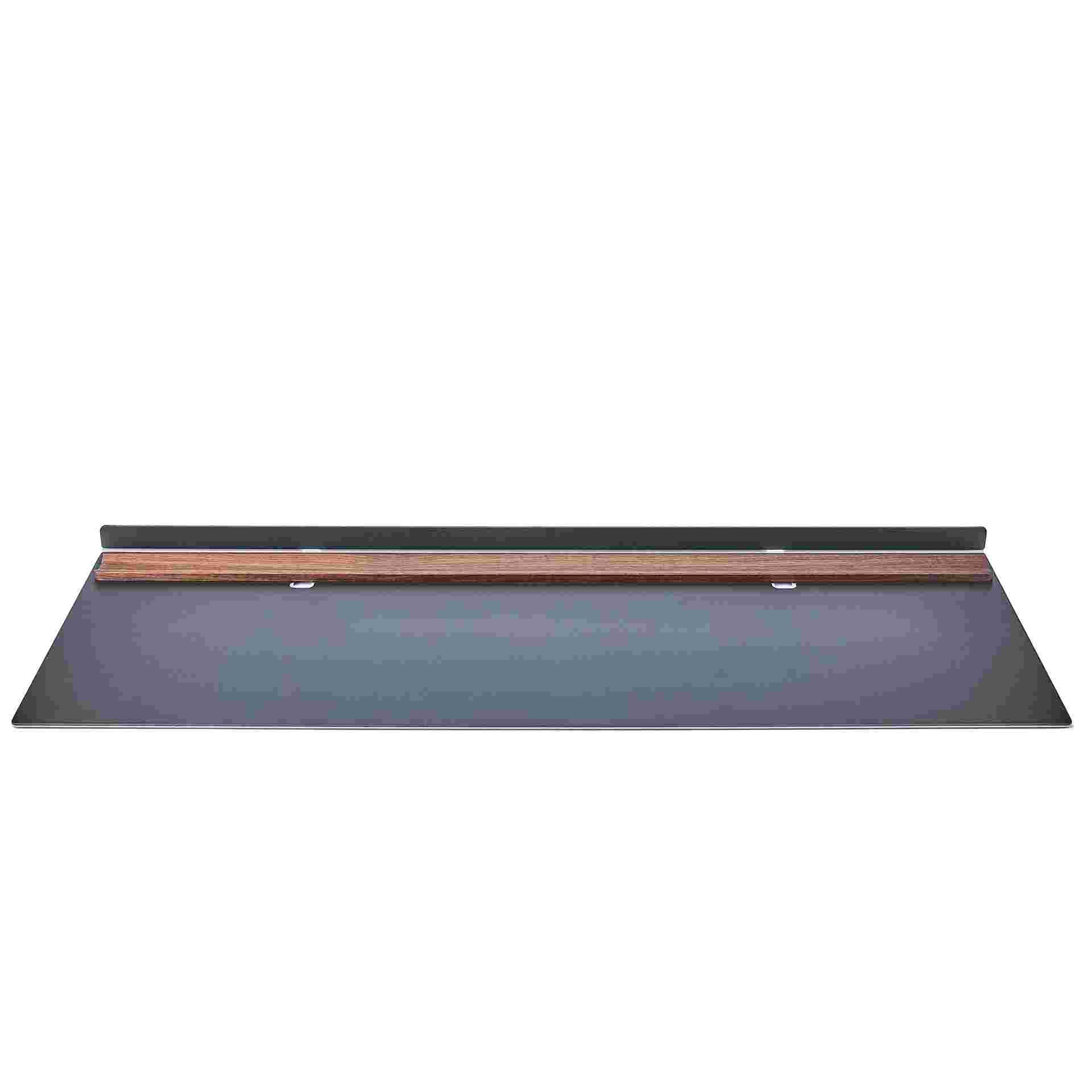 Metal and black linoleum studio desk pad with built in display rail and solid walnut tray.