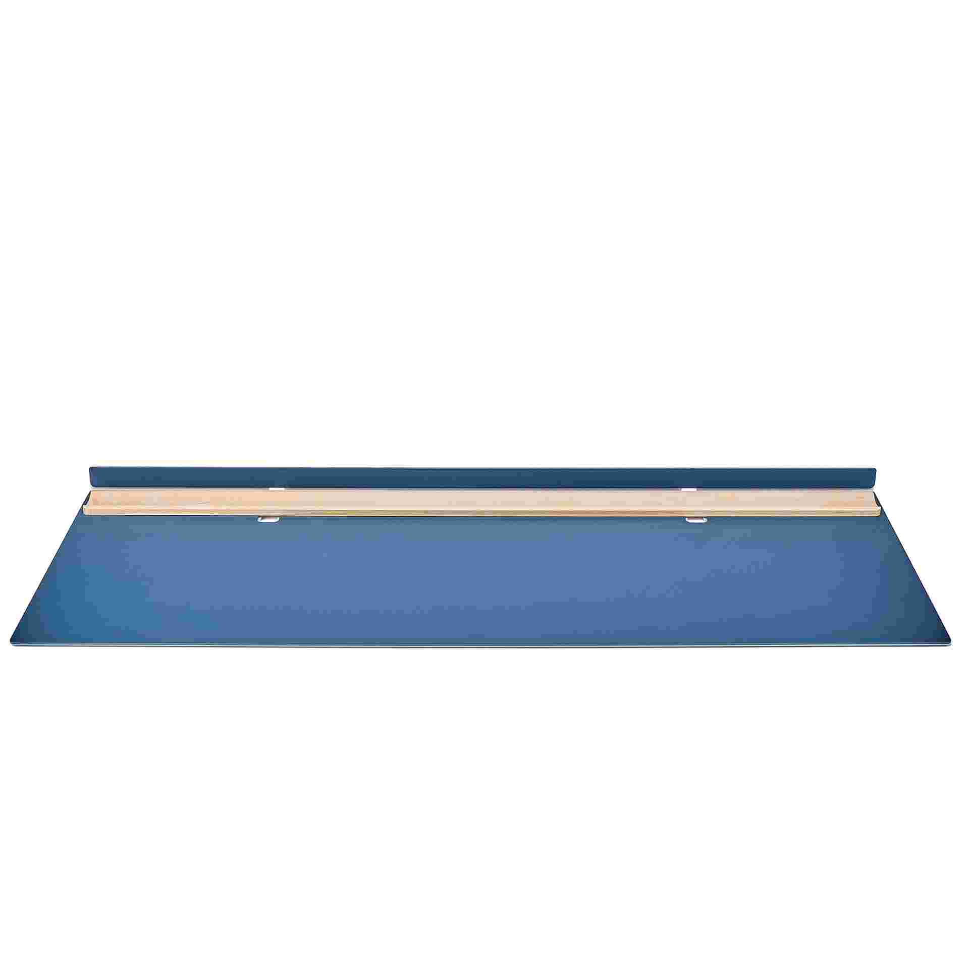Metal and navy blue linoleum studio desk pad with built in display rail and solid maple tray.